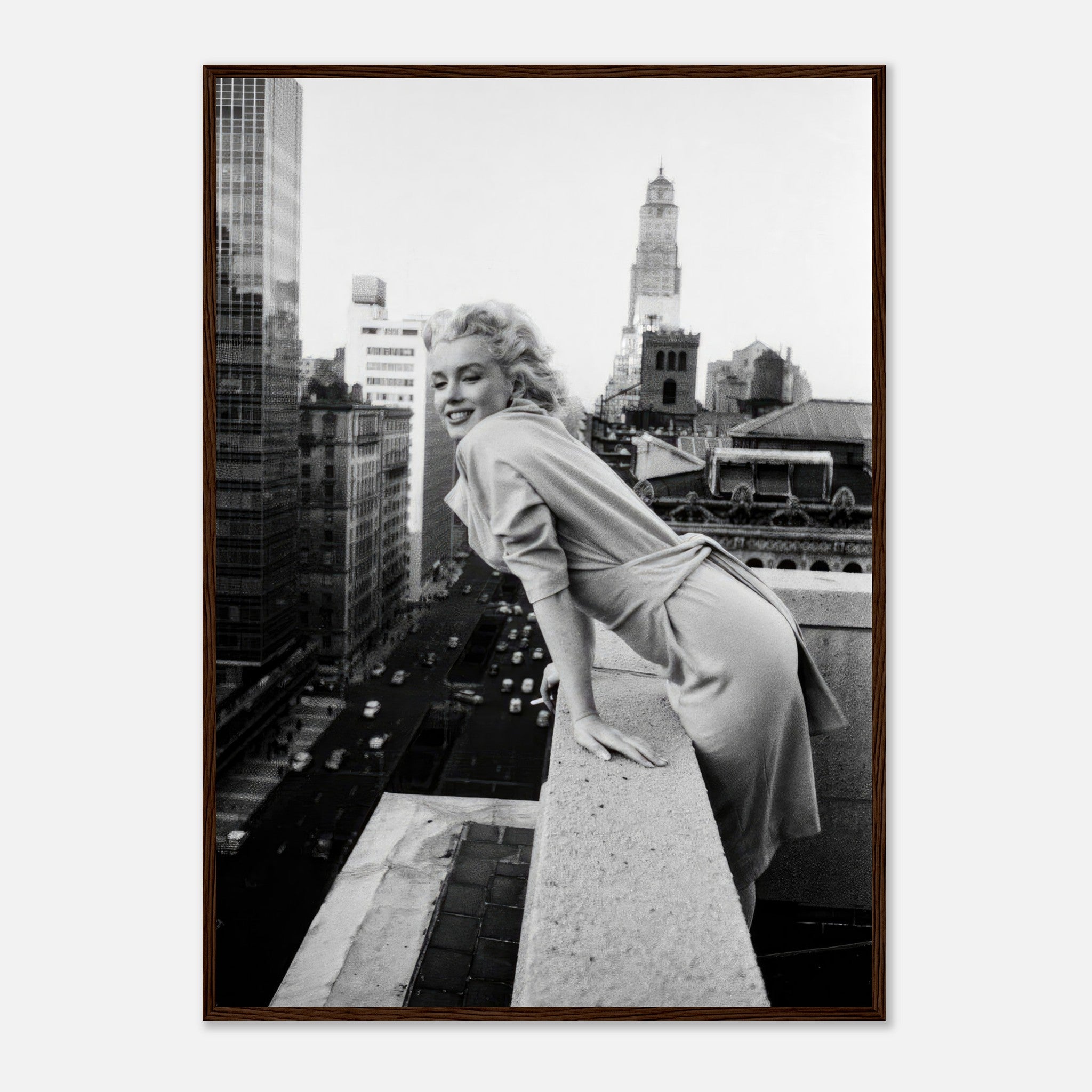 Marilyn Monroe framed print on rooftops of New York City, showcasing her iconic style and charm.