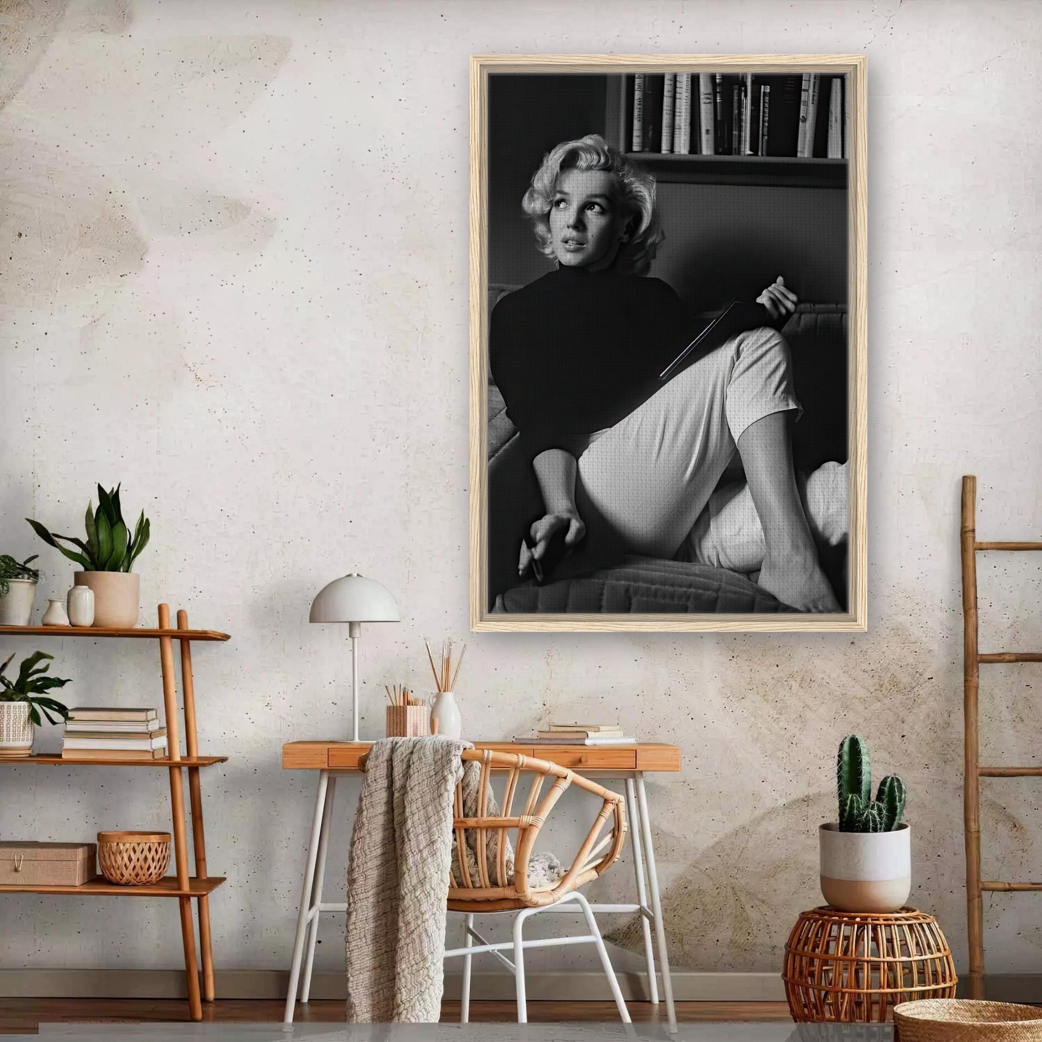 Marilyn Monroe framed canvas print depicting her reading, adding elegance and charm to any room decor.