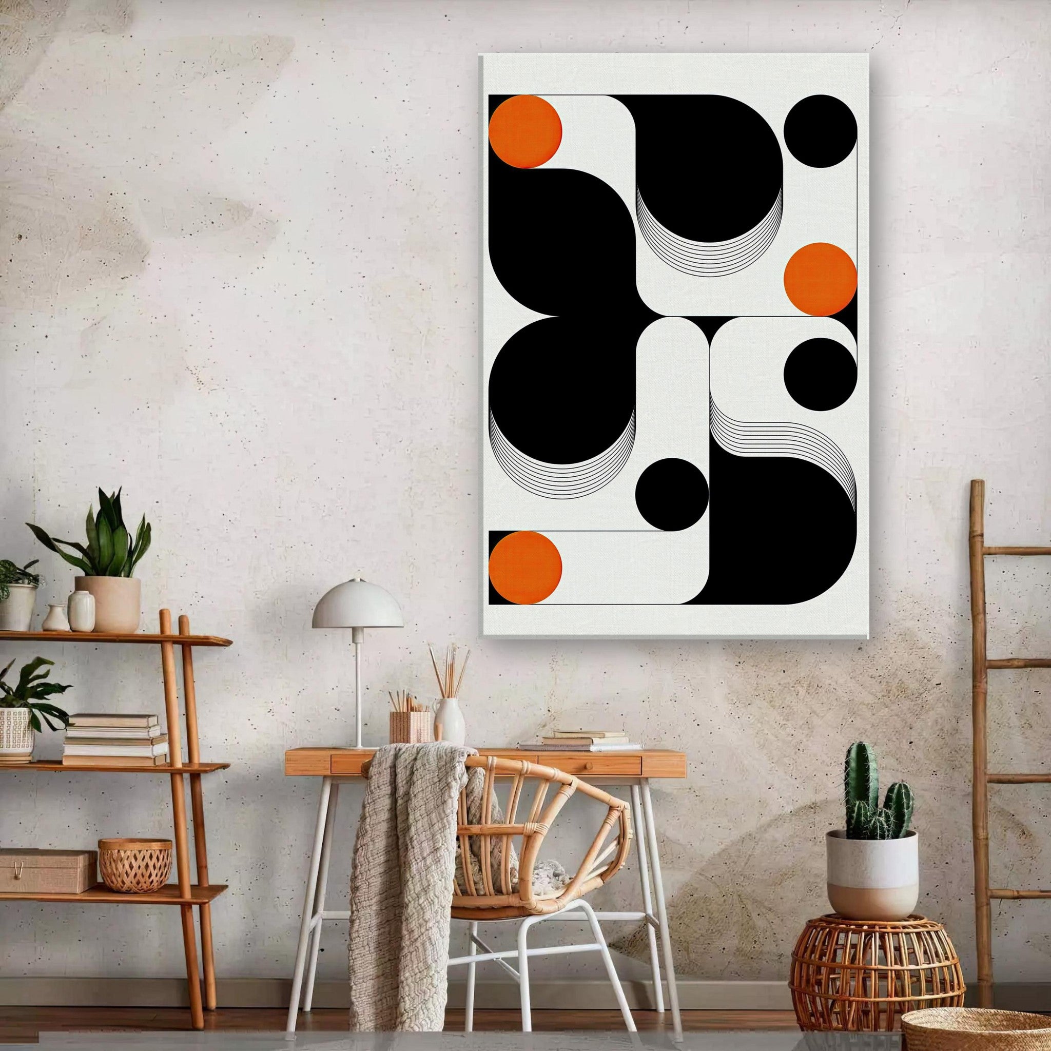 Modern geometric abstract art canvas print featuring black and white curves with vibrant orange accents for contemporary decor.