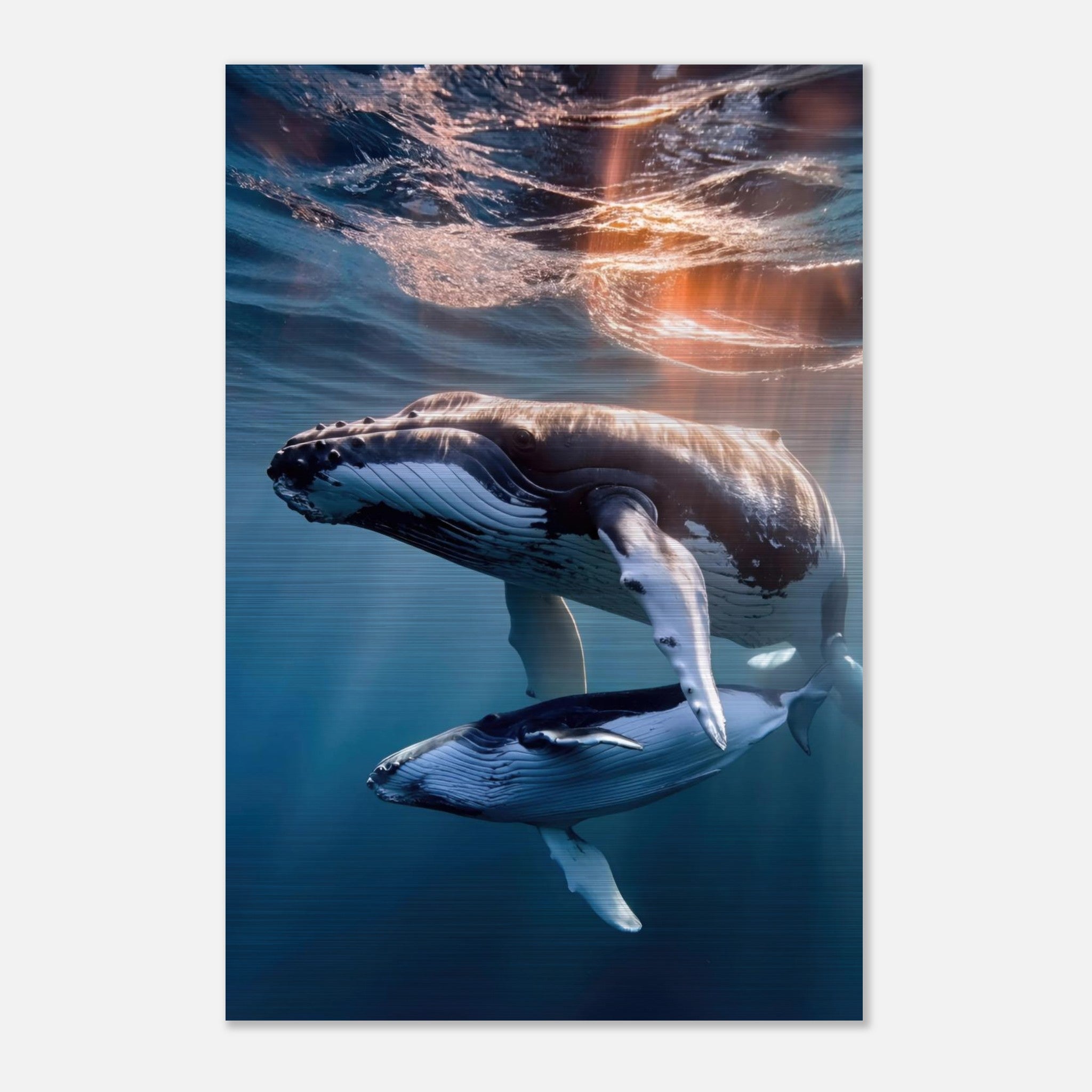 Underwater photography of a mother humpback whale and calf, brushed metal print showcasing marine beauty.