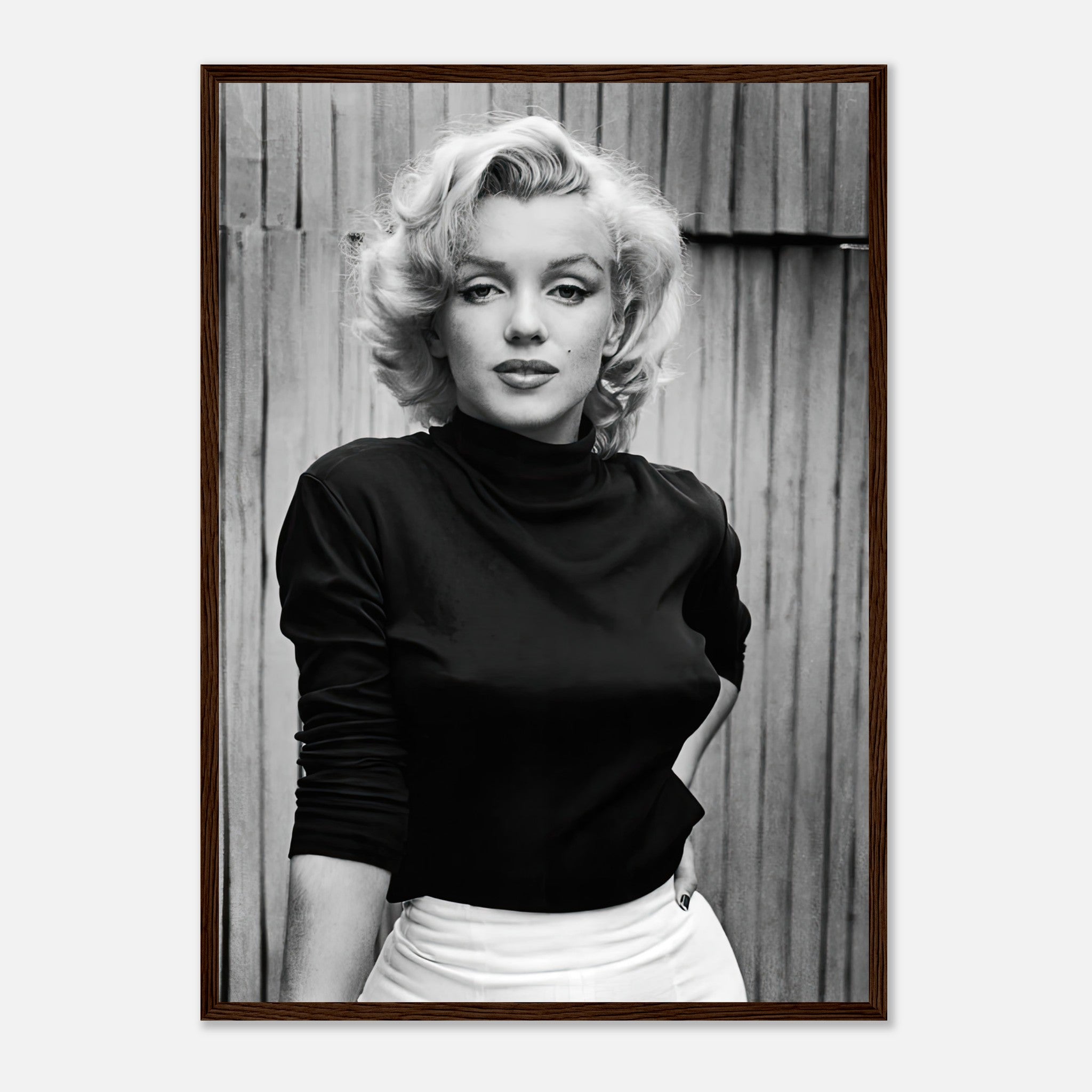 Marilyn Monroe black-and-white portrait framed print, capturing timeless elegance and Hollywood glamour.