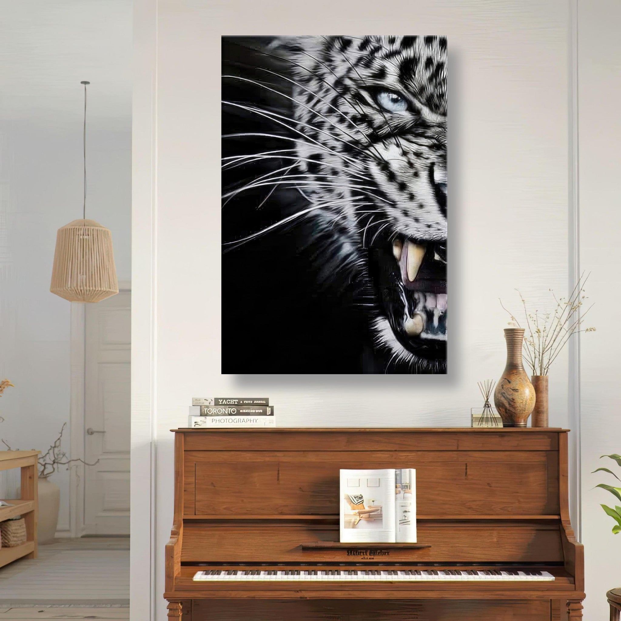Fierce close-up portrait of a white tiger artwork hanging above a piano in a stylish room.