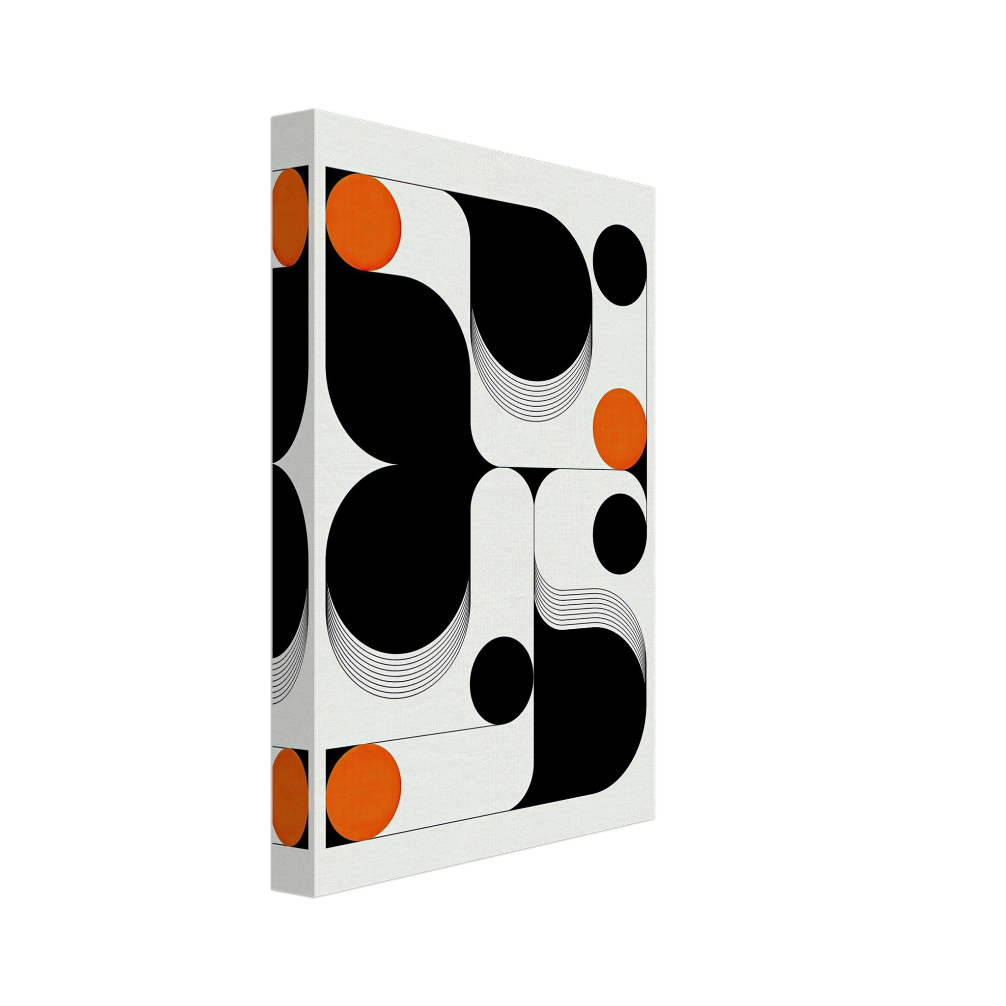 Modern geometric abstract art canvas print featuring bold black curves and vibrant orange accents.