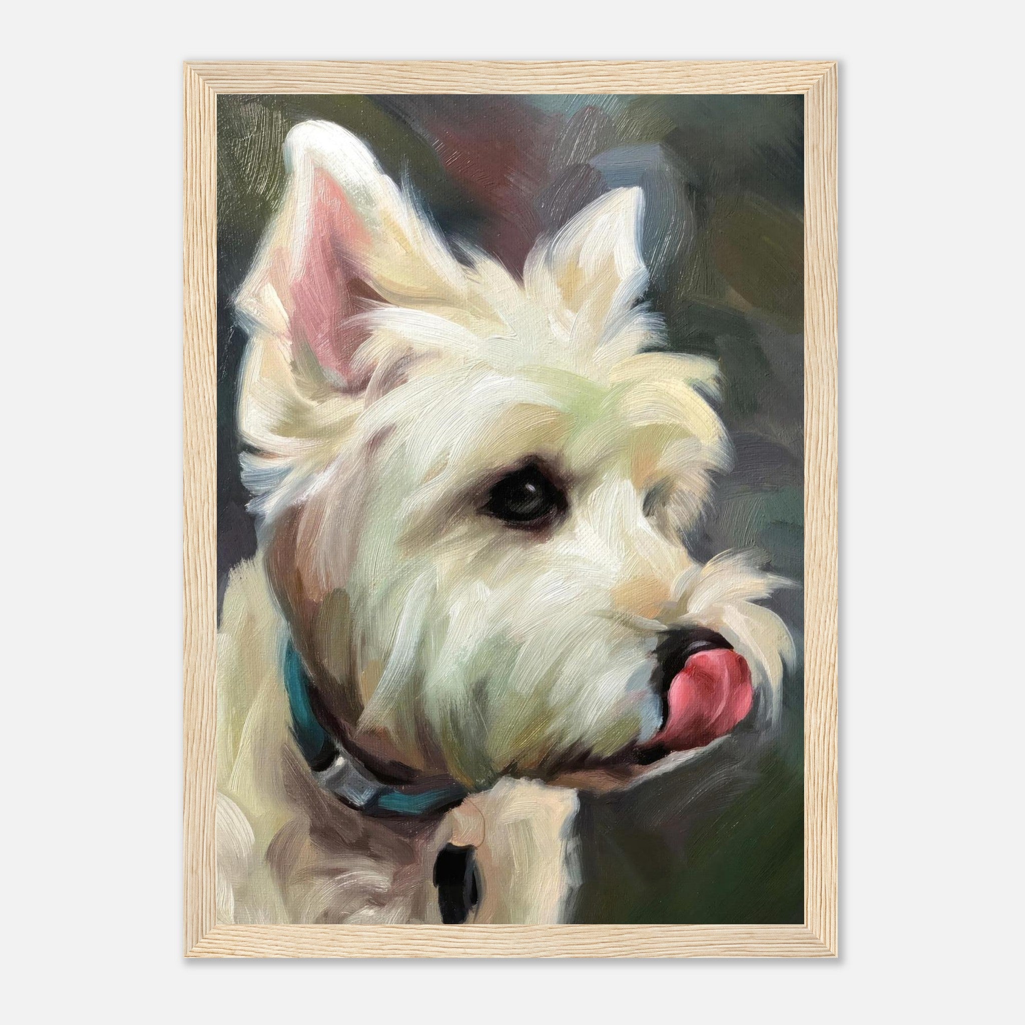 Westie Dog Painting Framed Print featuring a playful West Highland White Terrier with vibrant colors and textured brushstrokes.