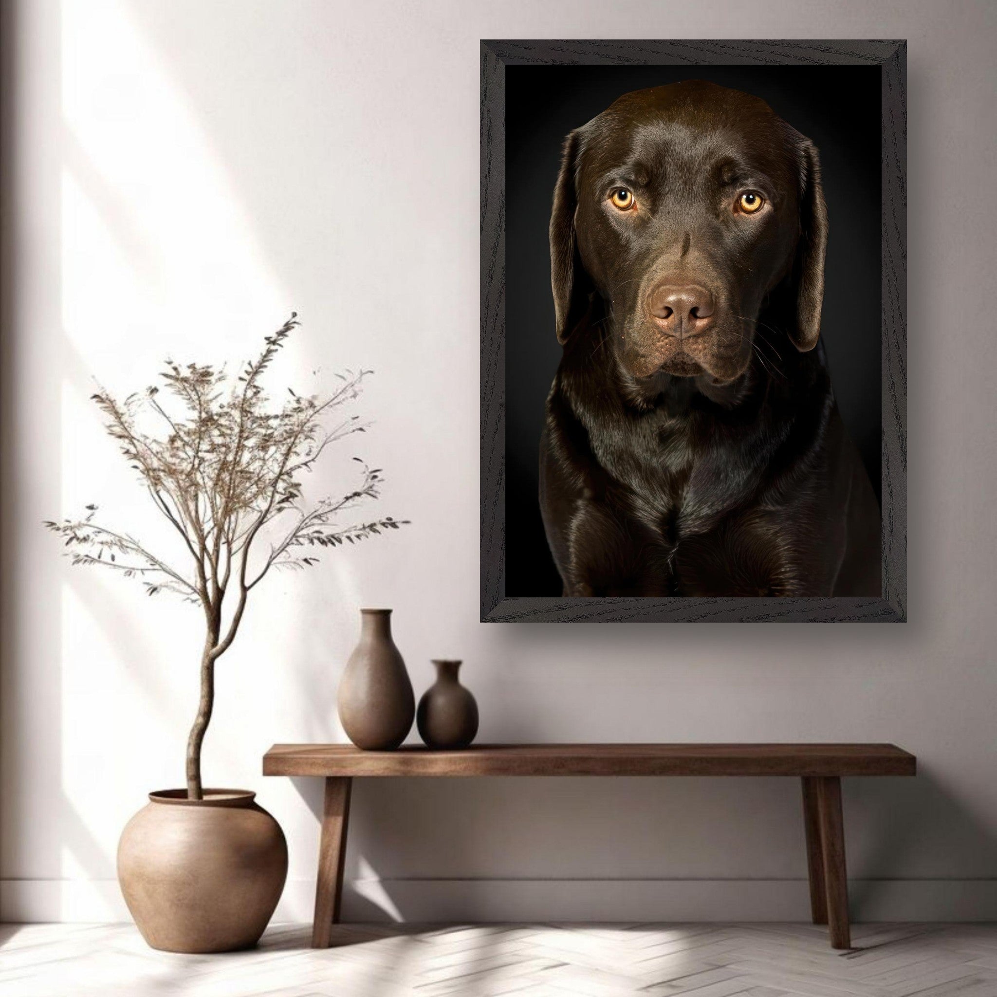 Chocolate Labrador portrait in vintage frame, showcasing its soulful eyes and rich coat in a stylish interior.