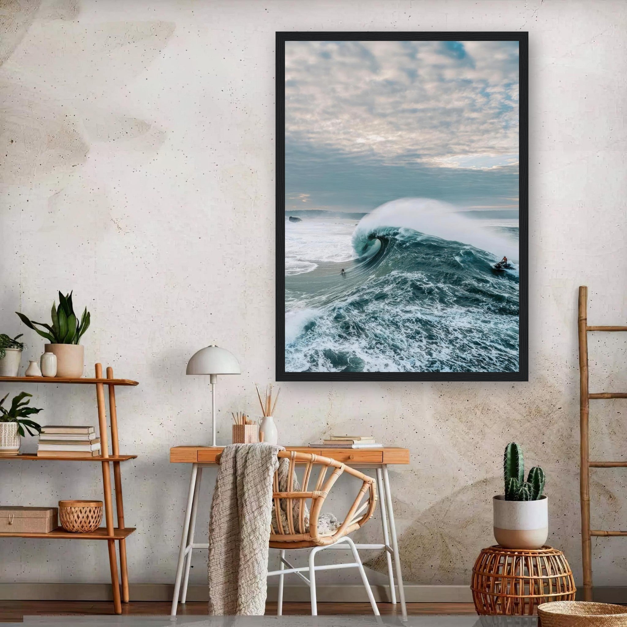 Big Wave Surfing framed print showcasing a surfer on a towering wave in a stylish interior setting.