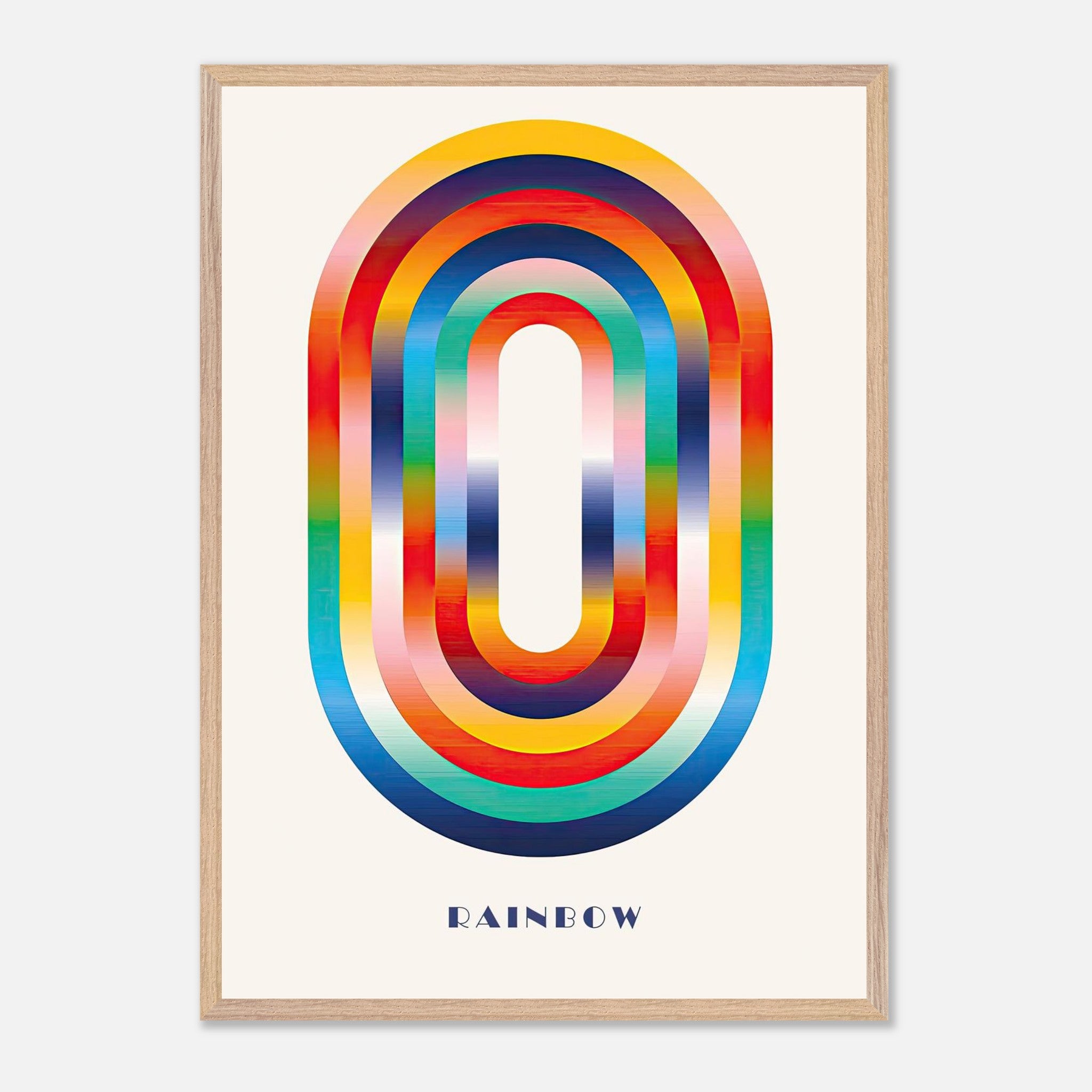 Vibrant abstract rainbow geometric art in vintage frame, featuring colorful concentric shapes for modern decor.