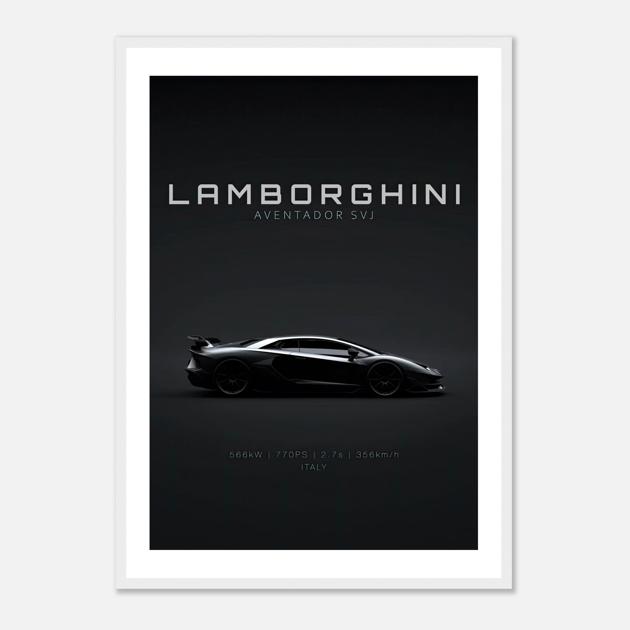 Lamborghini Aventador SVJ framed poster showcasing its sleek silhouette and premium design.