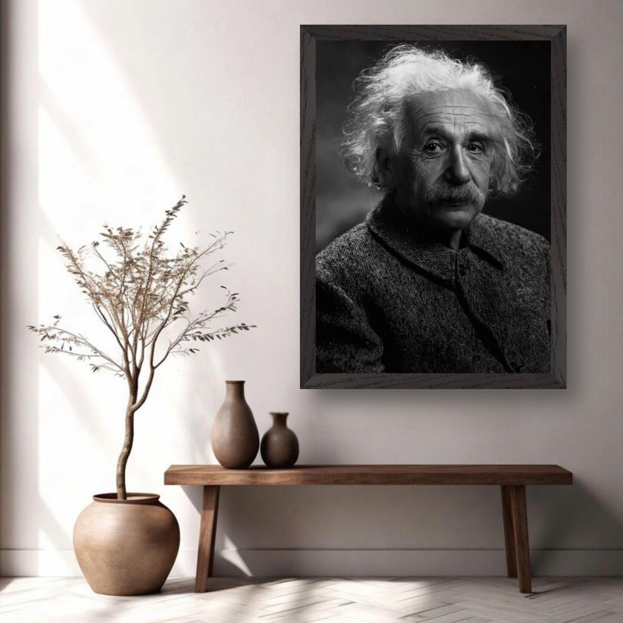 Vintage framed portrait of Albert Einstein, showcasing his wisdom in a sophisticated home setting.