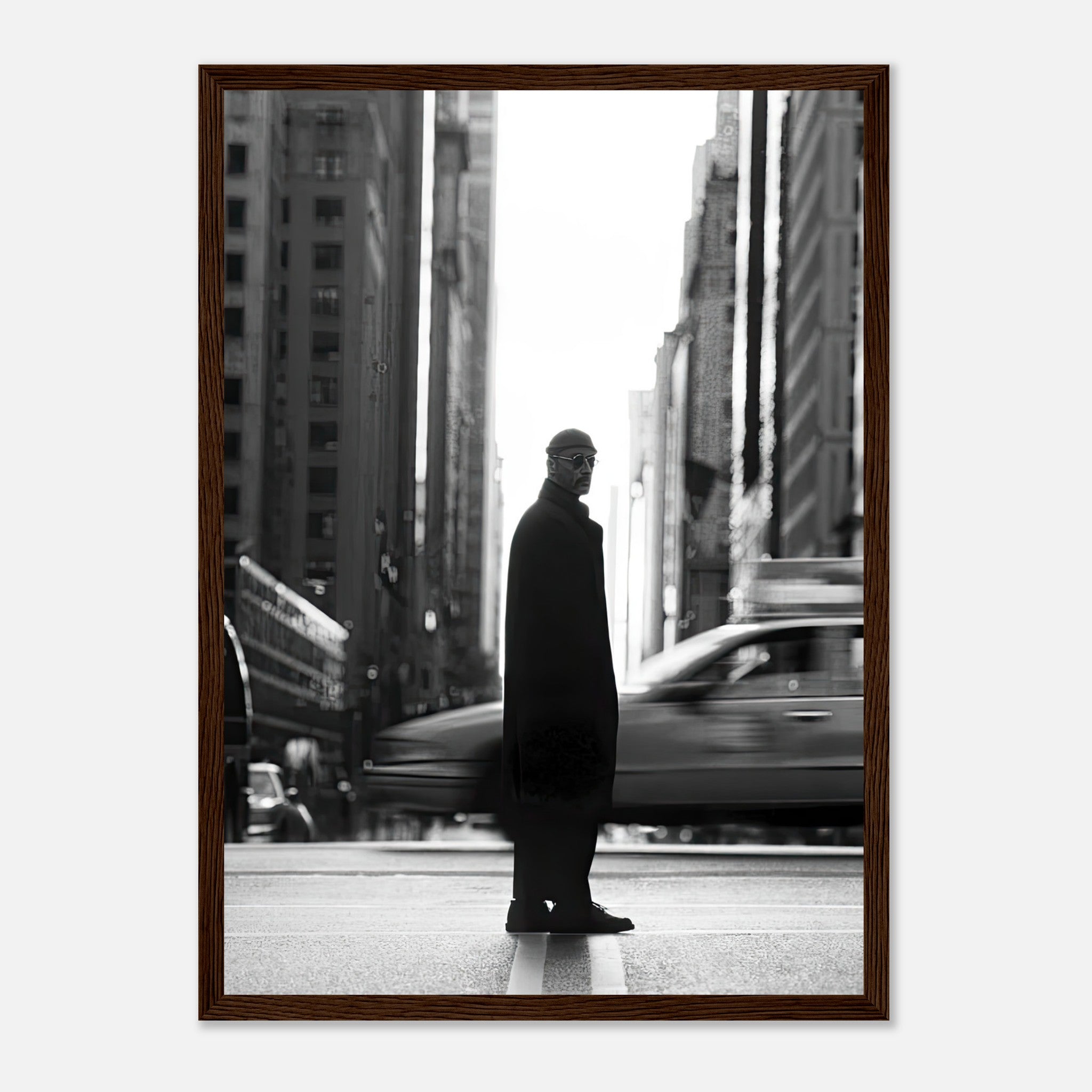 Jean Reno as Leon in black-and-white framed print, standing in New York street amidst blurred traffic.