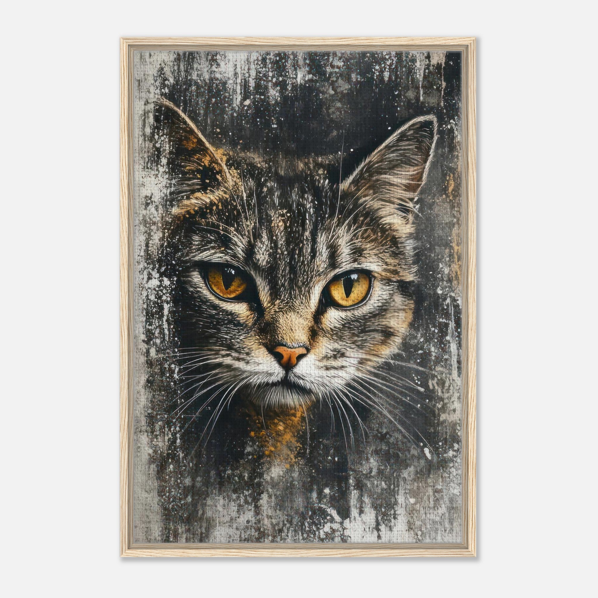 Framed canvas print of a cat with striking golden eyes and textured brushstrokes, adding elegance to home decor.