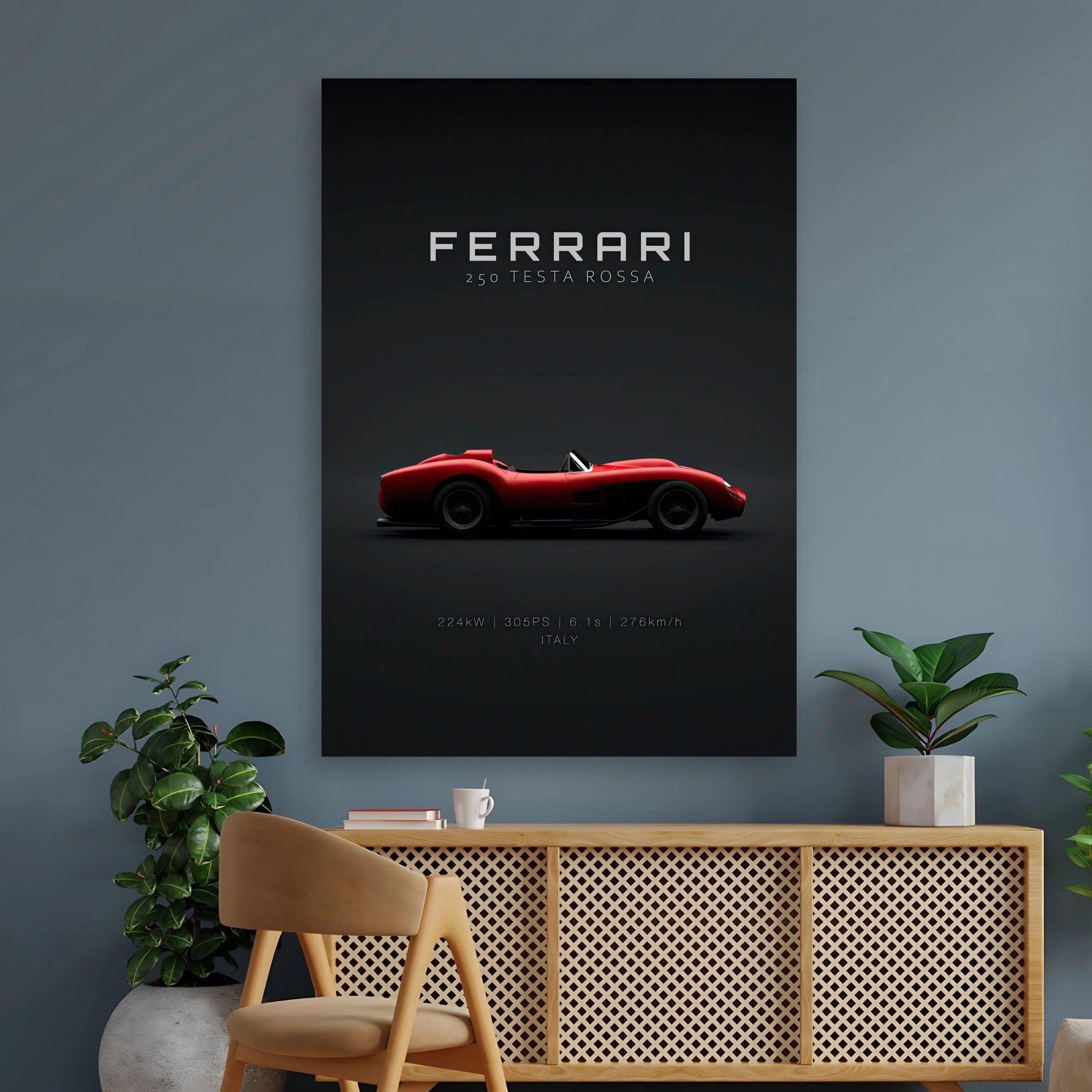 Ferrari 250 Testa Rossa poster showcasing a sleek red racing car with minimalist black background.