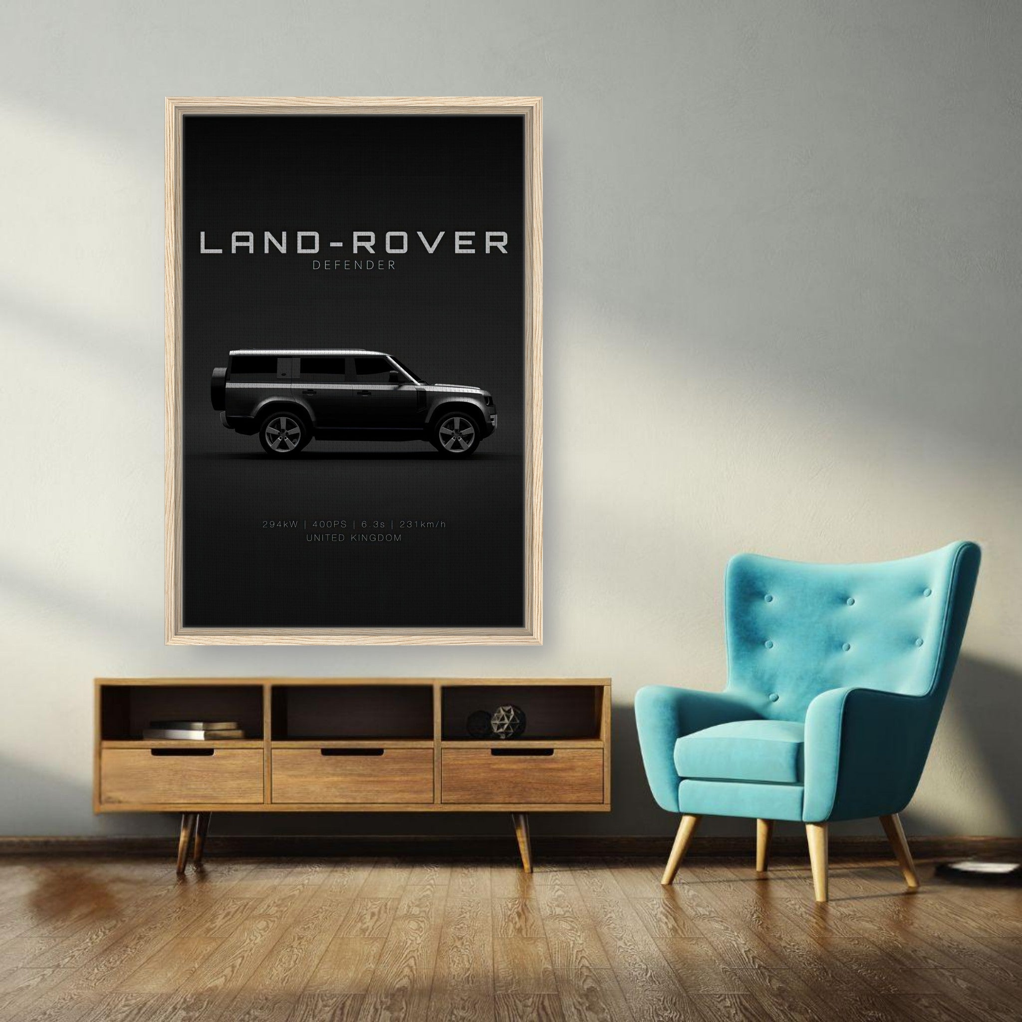 Land Rover Defender framed canvas print showcasing a sleek side profile on a bold black background.