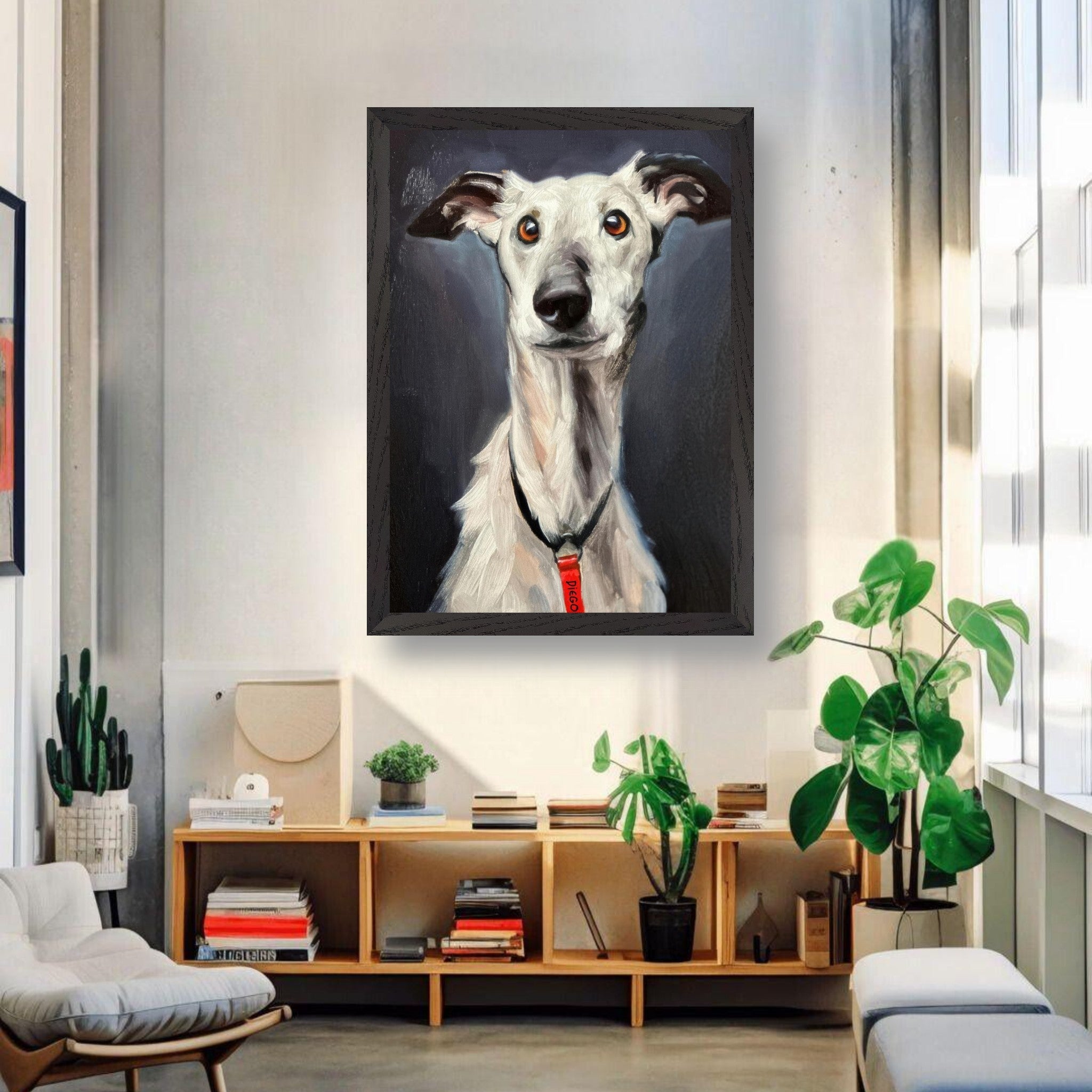 Vintage framed print of a greyhound dog portrait in a stylish home interior setting.