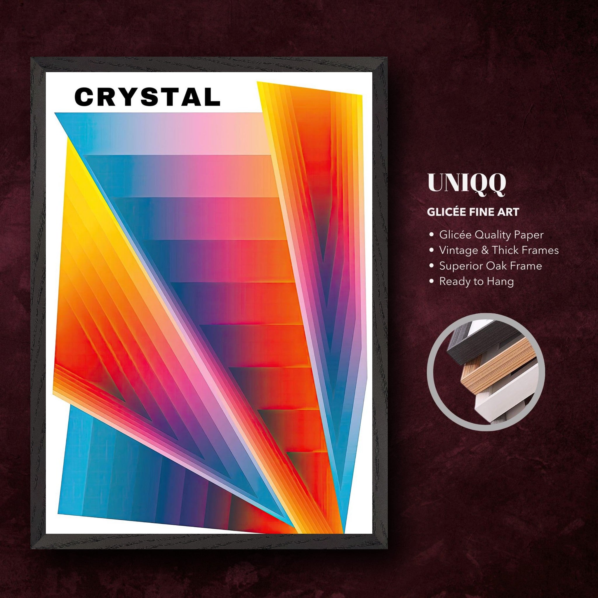 Crystal Abstract Art print featuring vibrant gradients and sharp angles in a stylish oak frame.