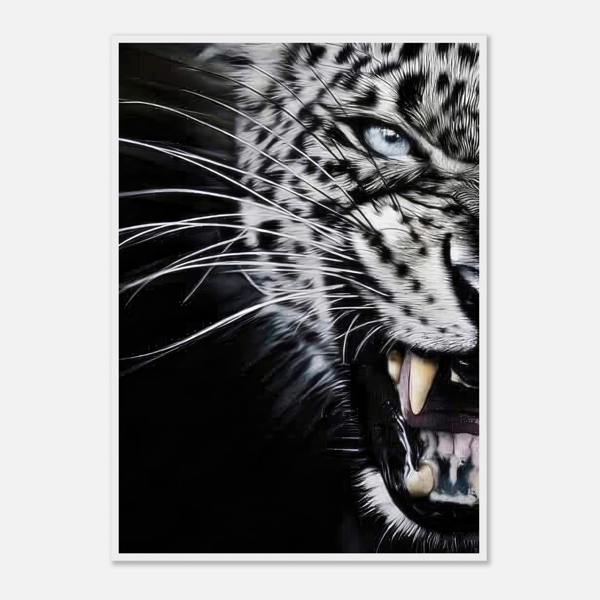 Leopard close-up portrait framed print showcasing detailed features and fierce expression.