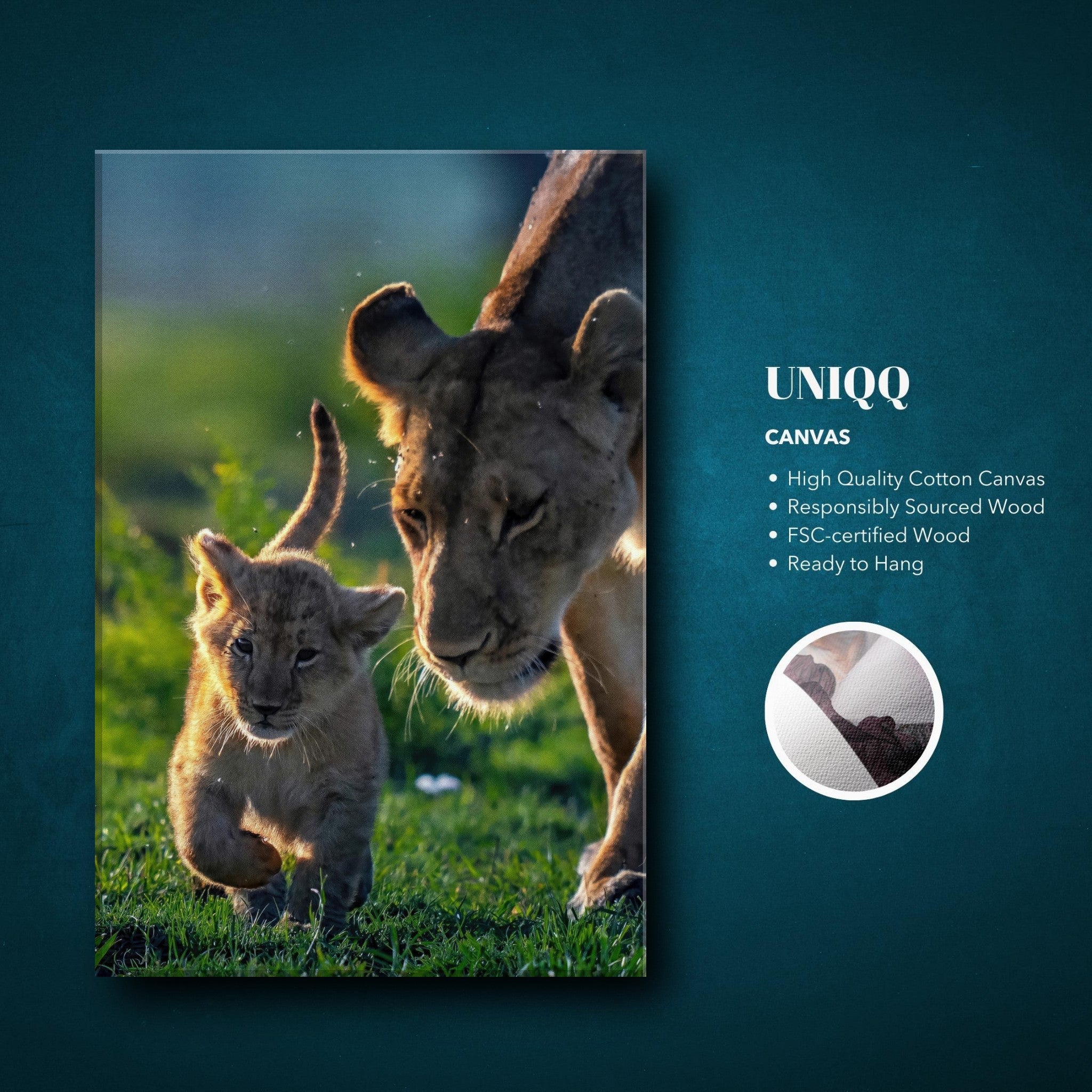 Protective lion mother and cub on high-quality canvas, showcasing strength, love, and vibrant colors.