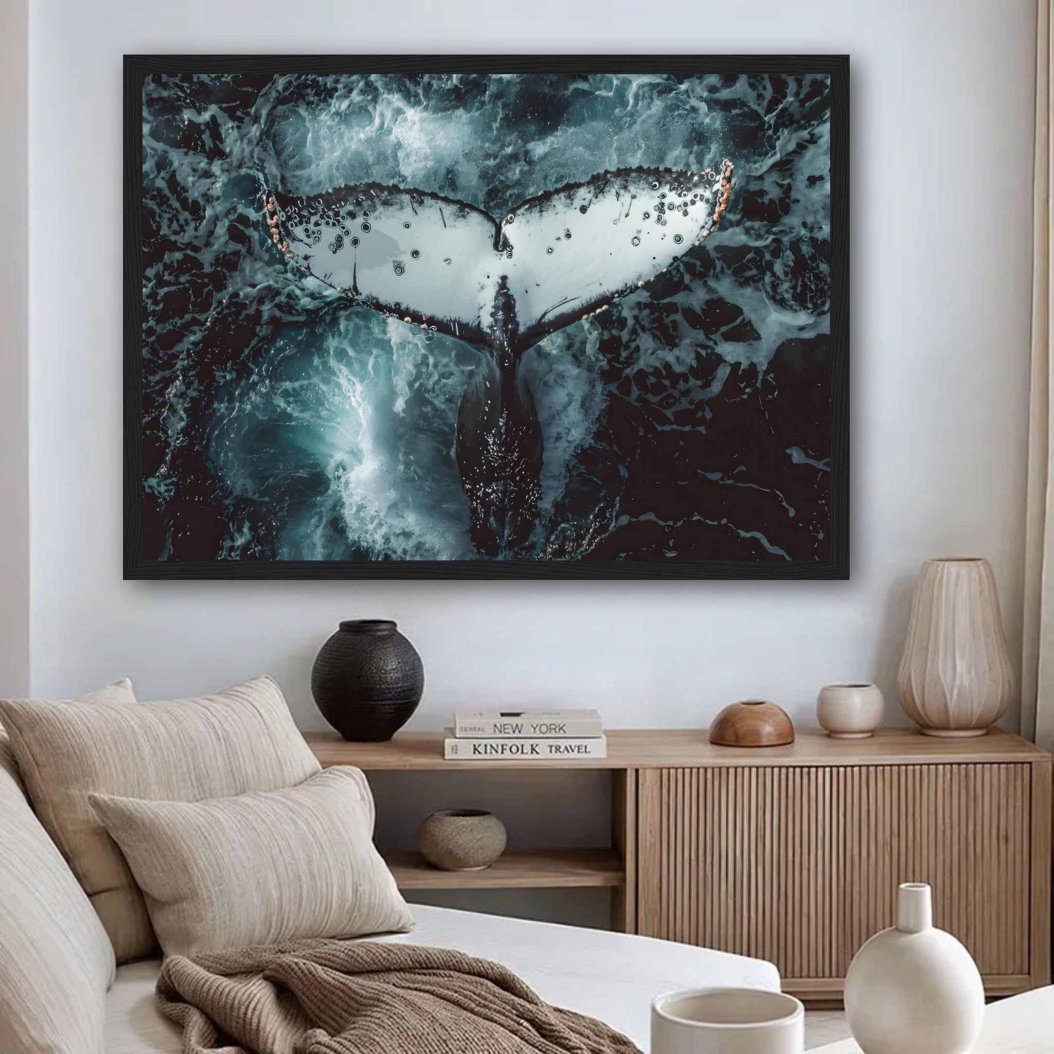 Stunning framed print of a humpback whale tail above ocean waves, enhancing home decor with oceanic beauty.
