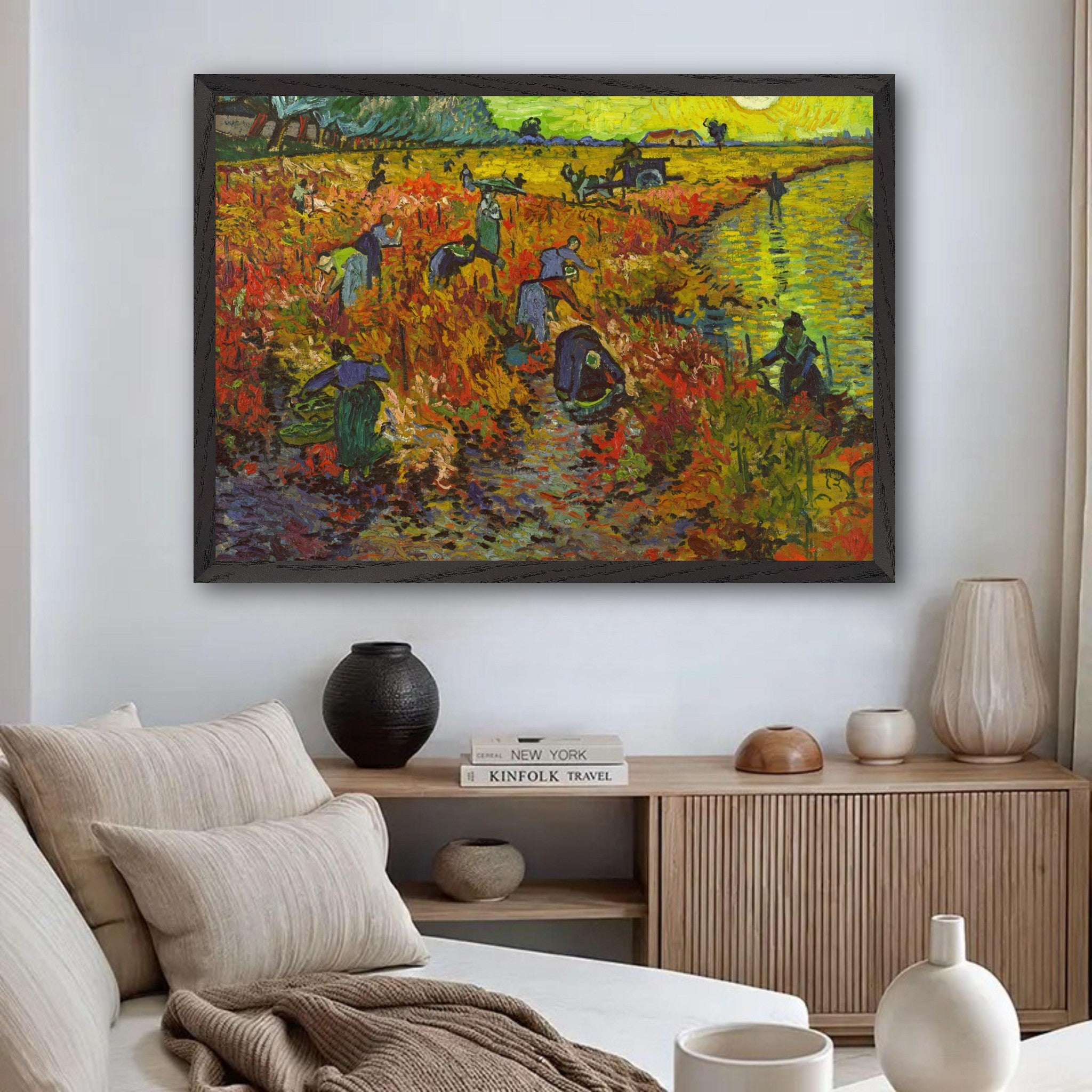 Museum-quality Giclée print of Van Gogh's The Red Vineyard hung in a stylish living room setting.