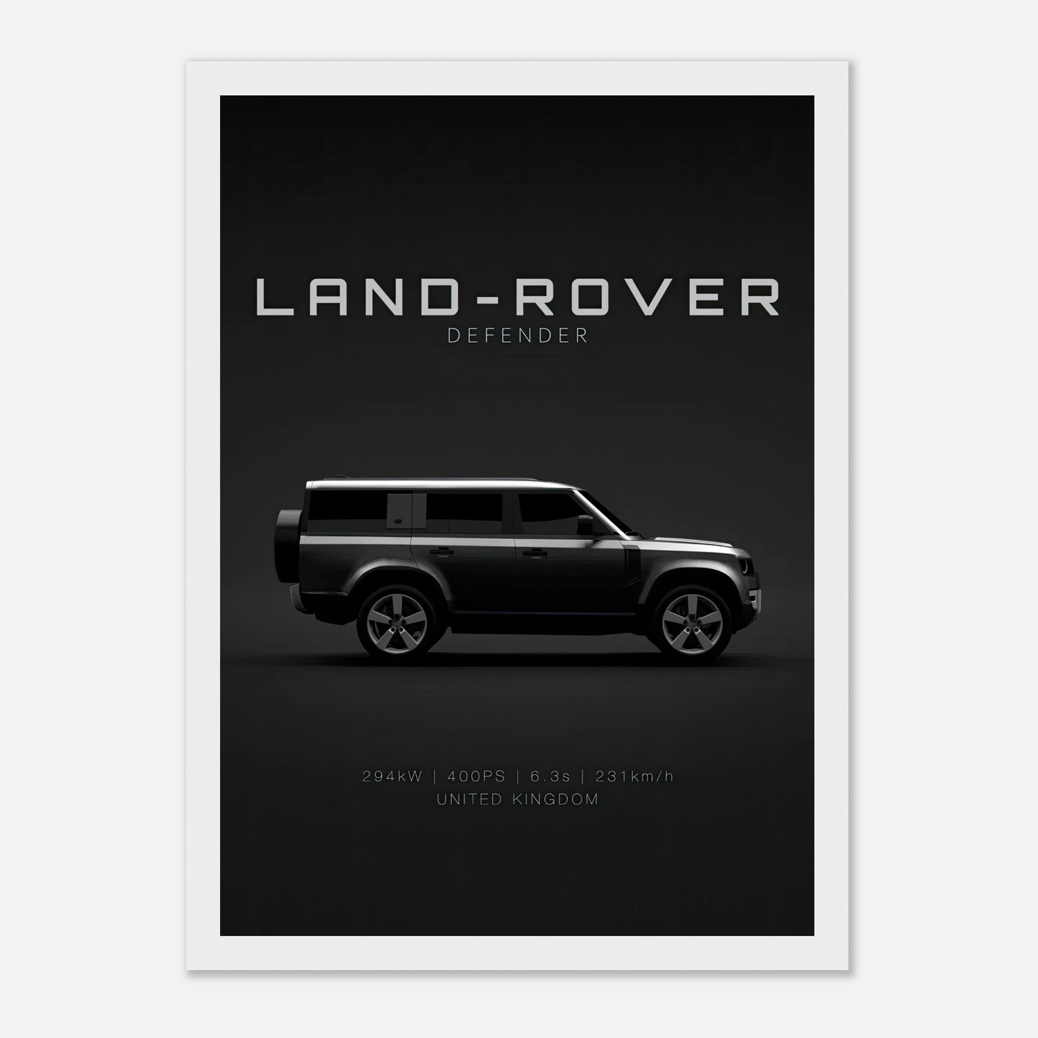 Framed print of a Land Rover Defender with sleek side profile on a dark background, showcasing its rugged elegance.