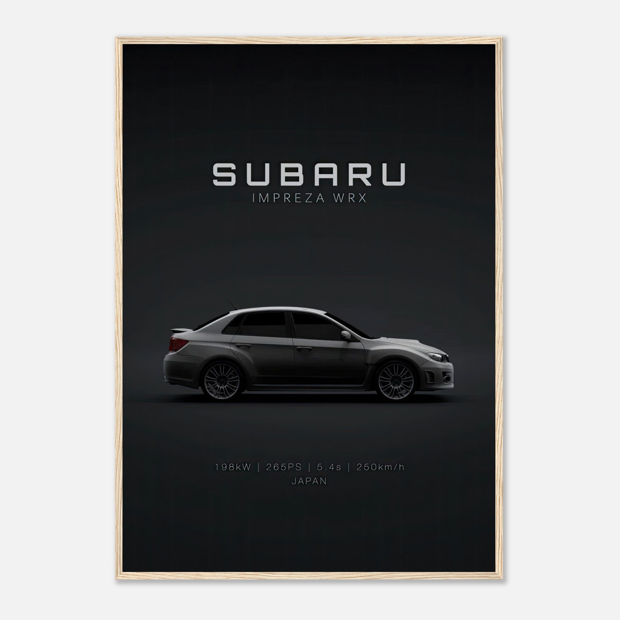 Subaru WRX framed poster featuring sleek car silhouette on dark background, highlighting speed and performance.