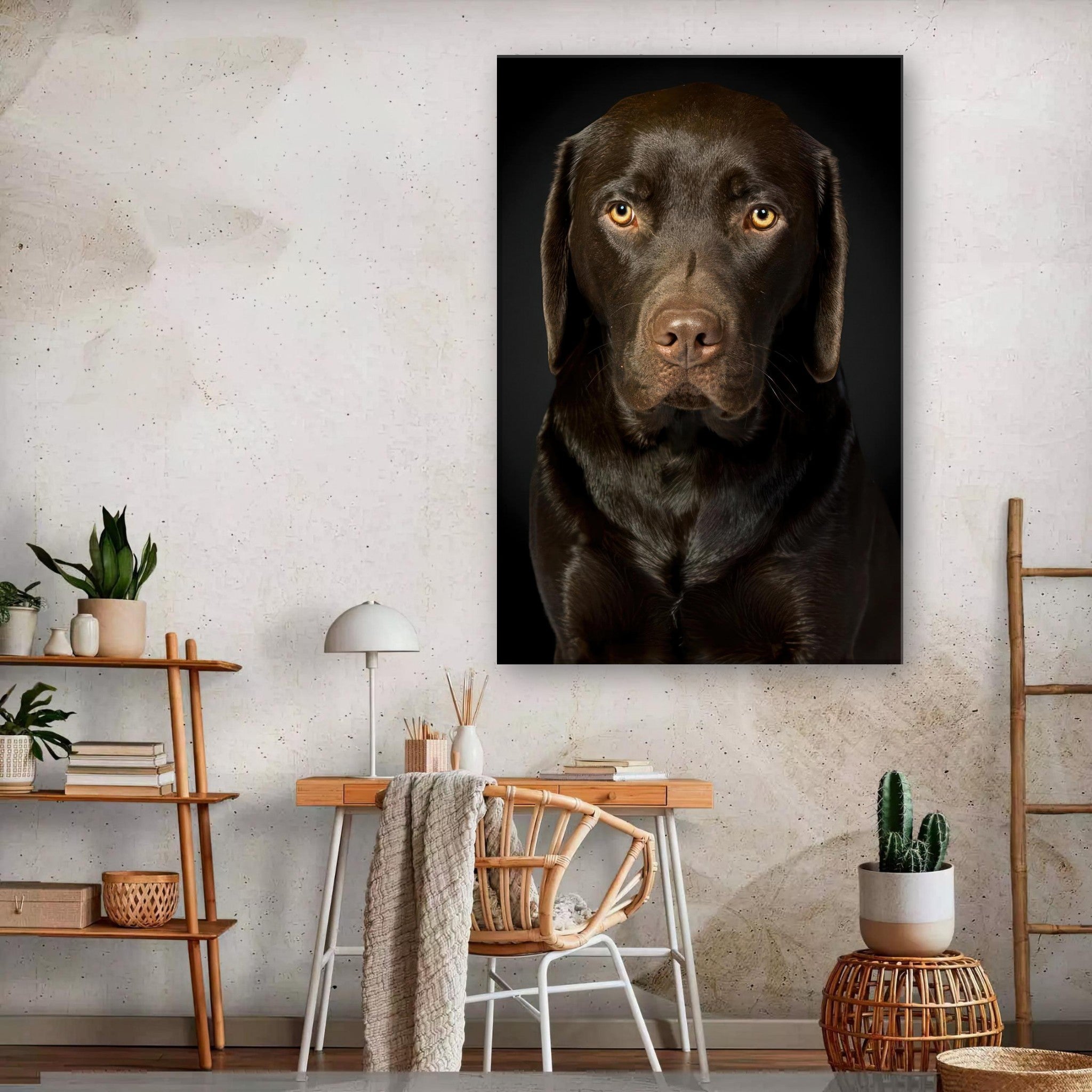 Chocolate Labrador portrait canvas print on wall showcasing the dog's warm eyes and glossy coat against a black background.