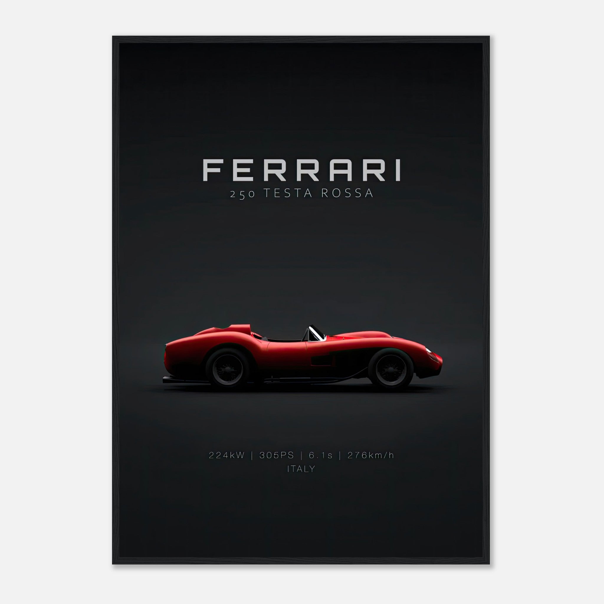 Ferrari 250 Testa Rossa framed poster showcasing iconic car design on a black background.