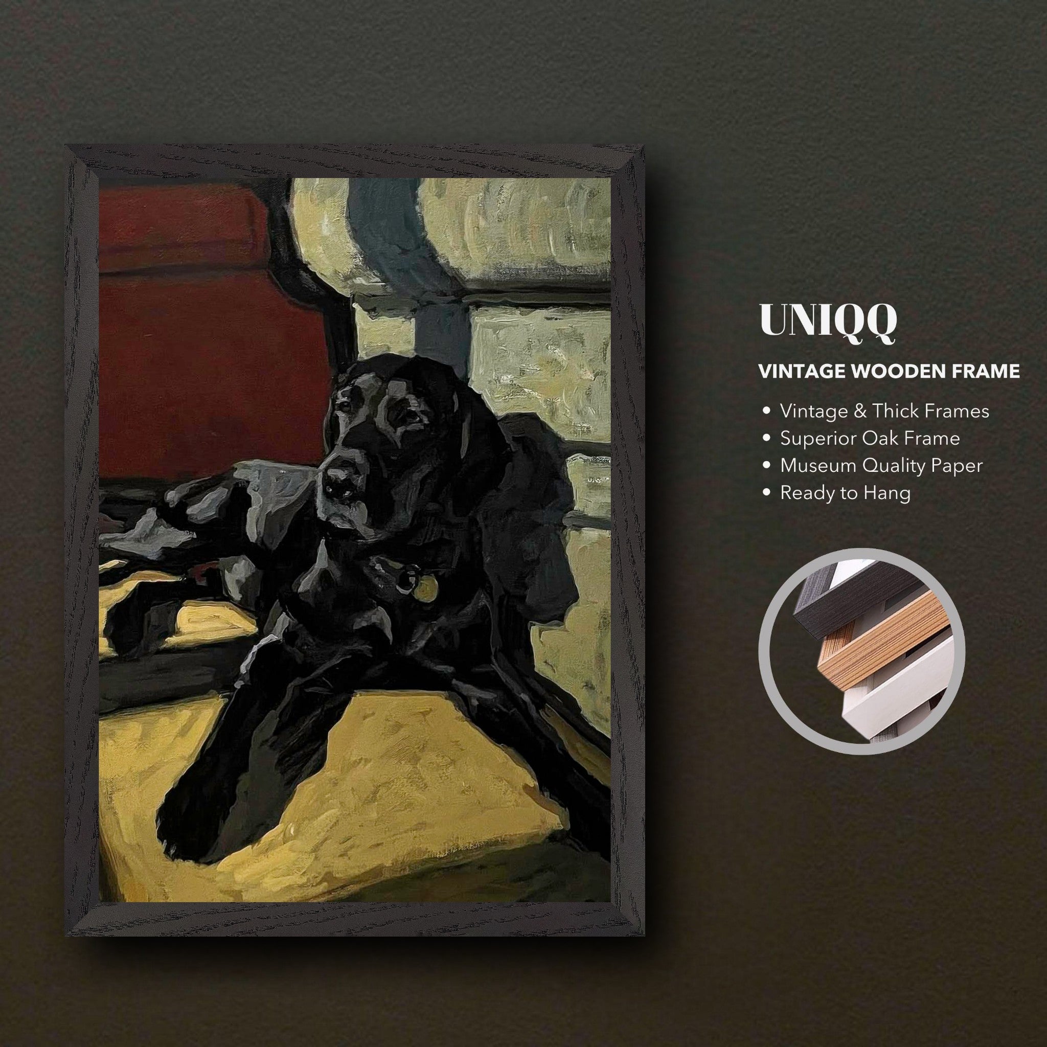 Black Labrador dog painting in vintage oak frame, museum quality artwork ready to hang, showcasing warmth and charm.
