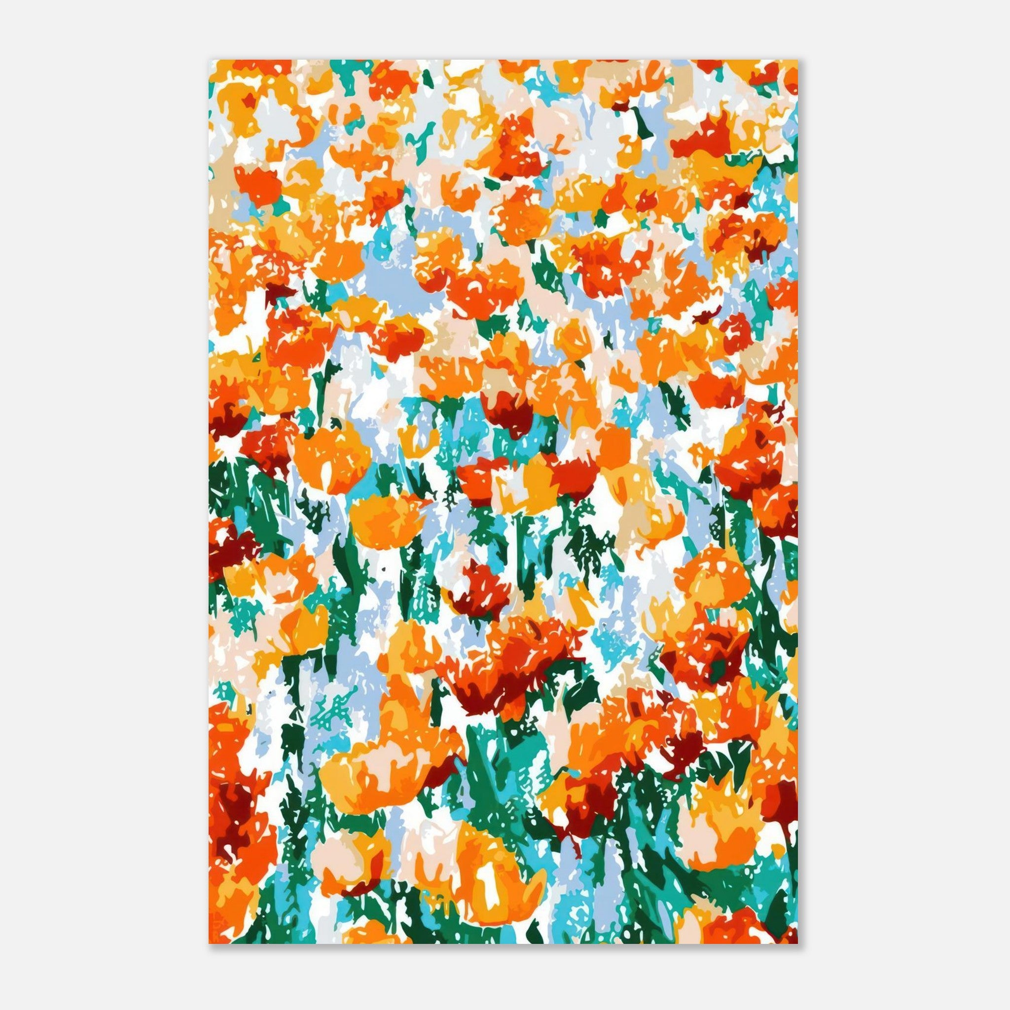 Vibrant abstract floral tulip garden metal print in orange, red, and yellow hues with a cool background.