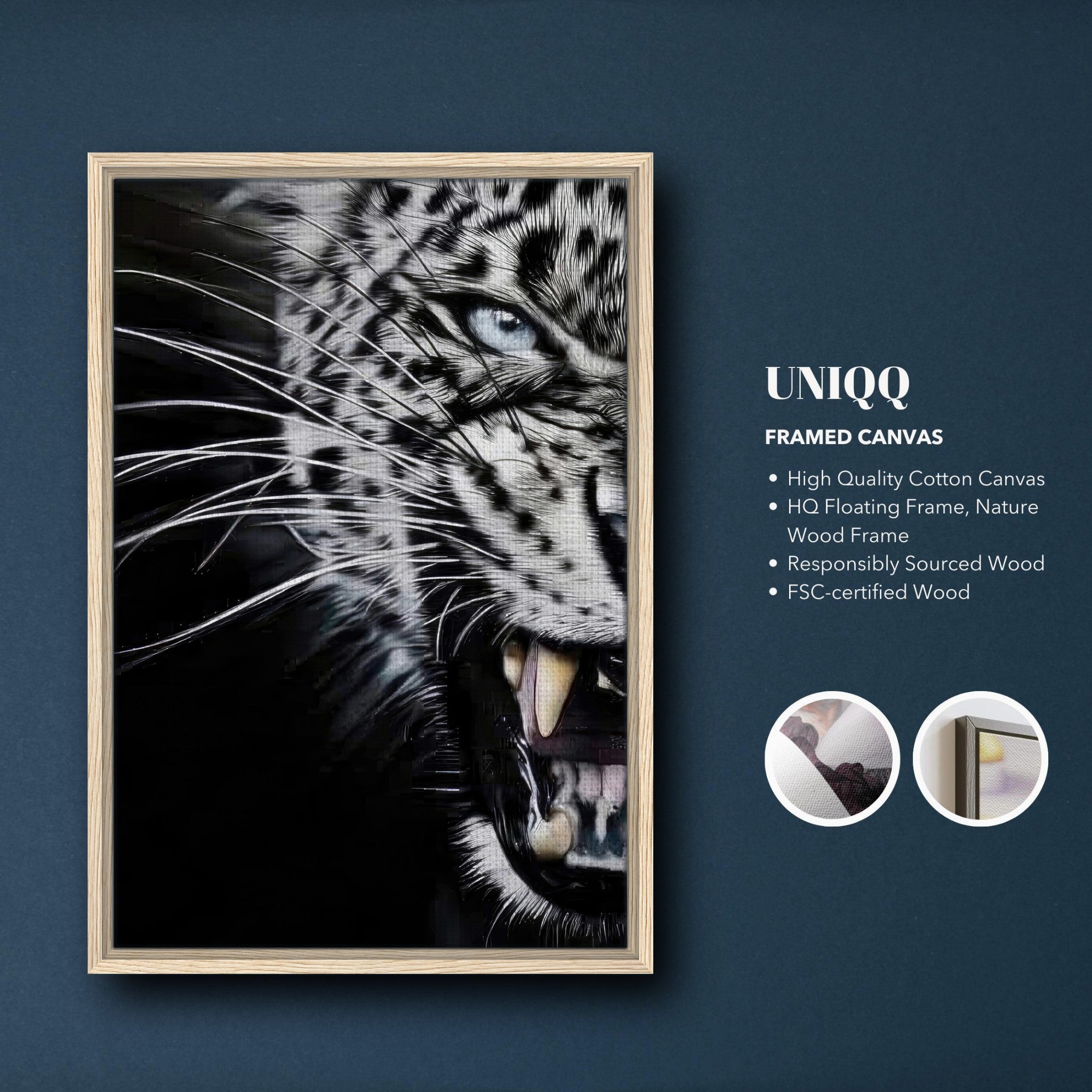 Leopard close-up portrait framed canvas print highlighting fierce gaze and bared fangs, perfect for home decor.