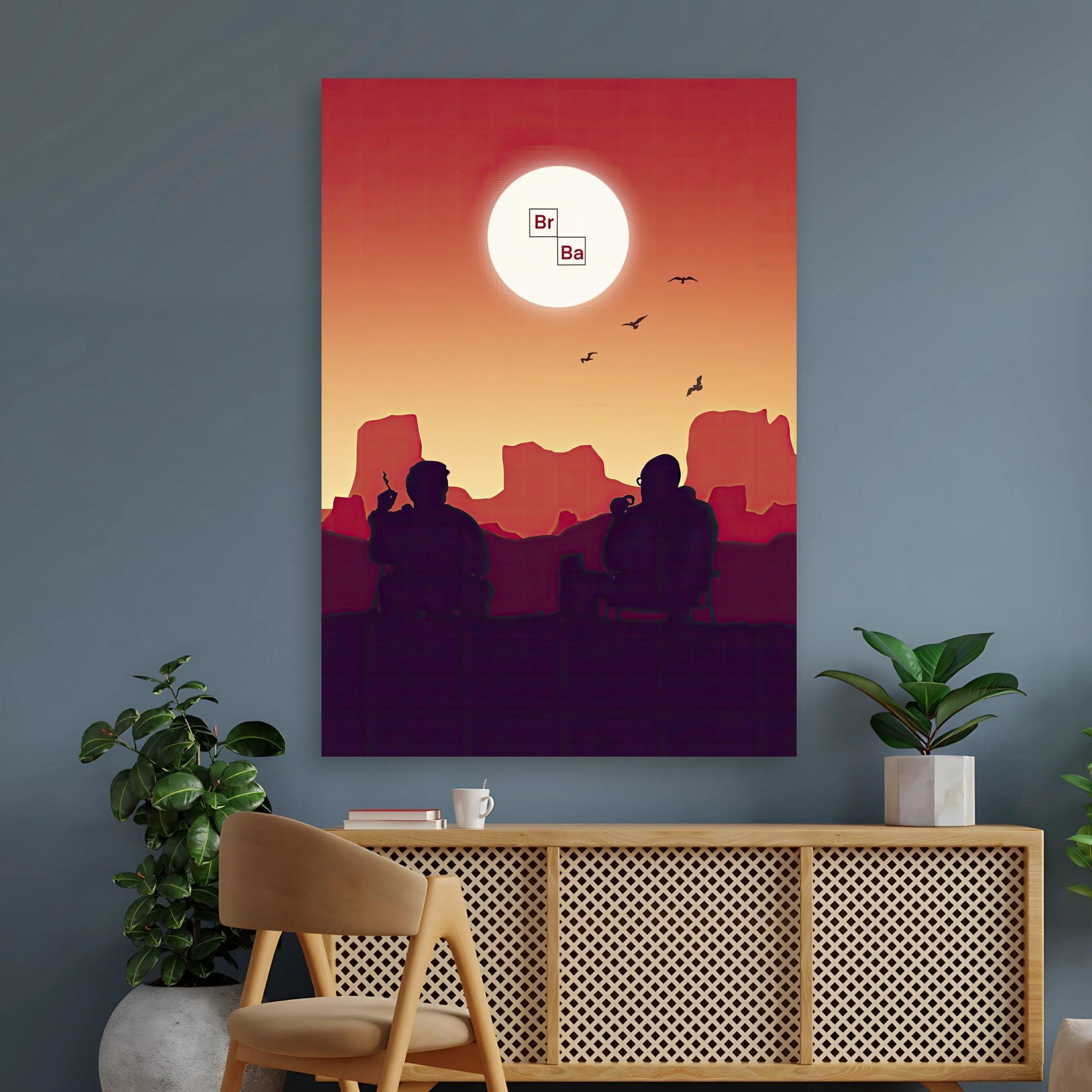 Sunset Breaking Bad poster featuring silhouettes of two characters against a vibrant desert sunset, perfect for fan decor.