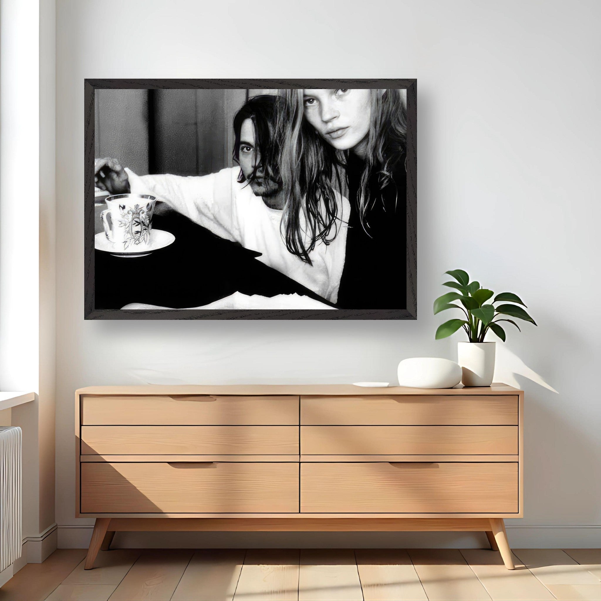 Black-and-white fine art print of Johnny Depp and Kate Moss, capturing 90s rebellion and romance.