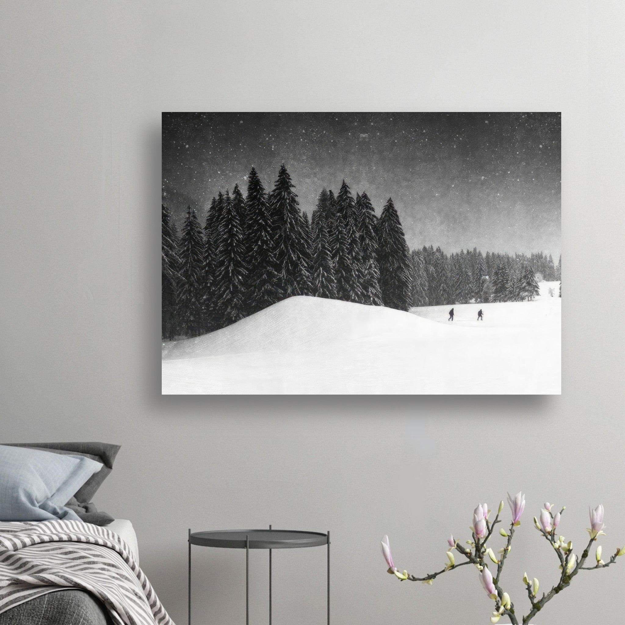 Winter Crossing Poster featuring serene snow landscapes and evergreens, perfect for modern decor.