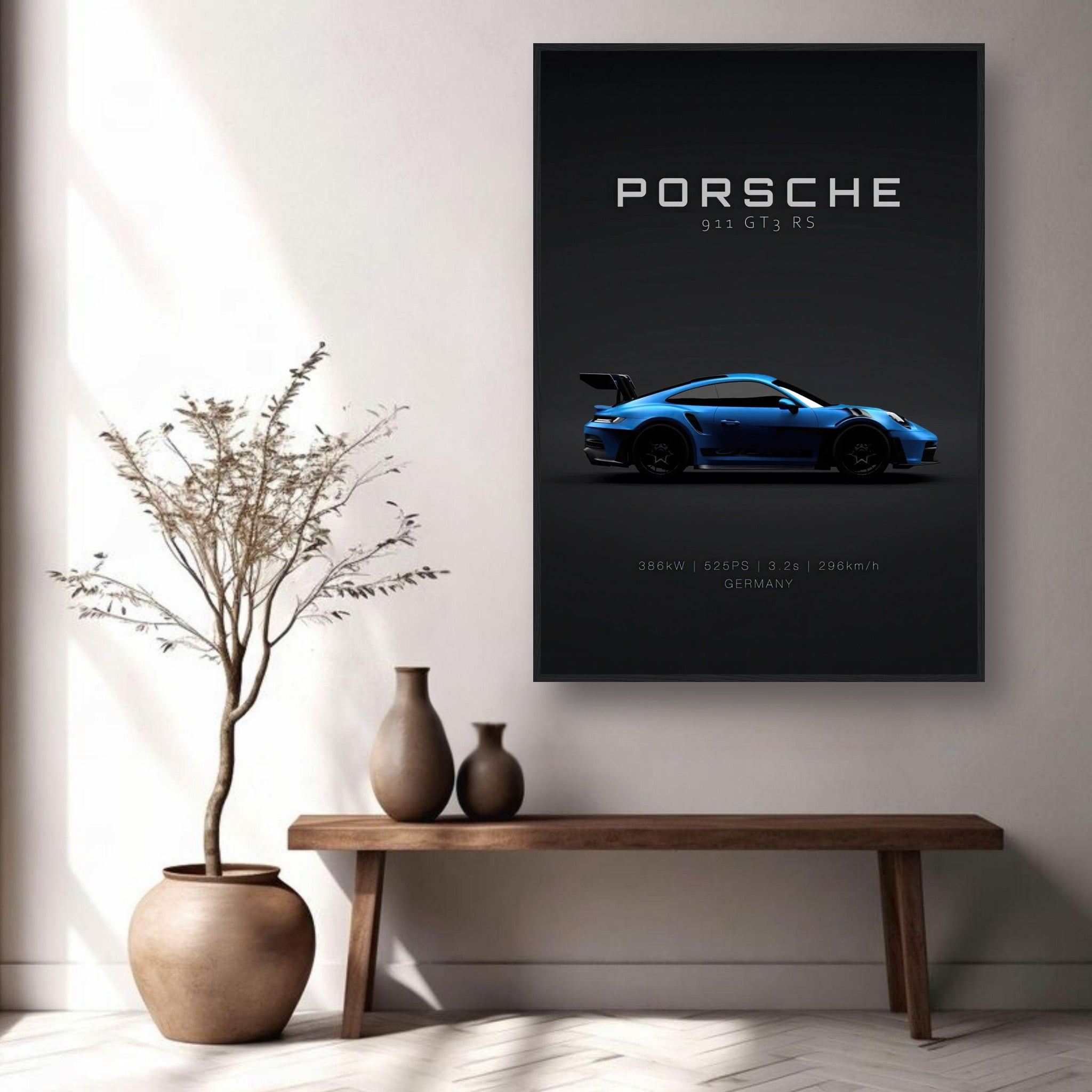 Porsche 911 GT3 RS framed poster on a wall with modern decor showcasing its elegant design.