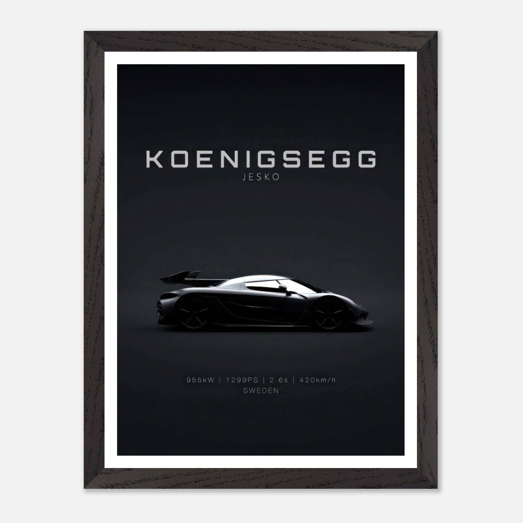 Koenigsegg Jesko vintage framed art print showcasing sleek hypercar silhouette on a minimalist background.