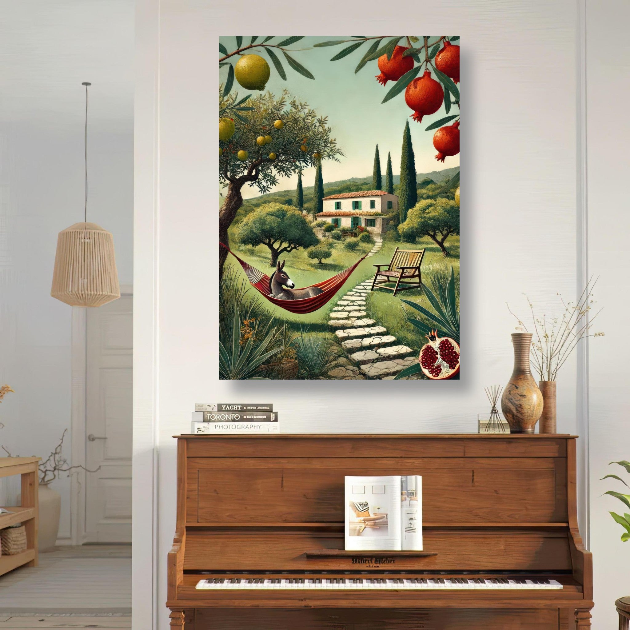 Mediterranean rural landscape metal print featuring olive trees, a hammock, and a charming farmhouse backdrop.