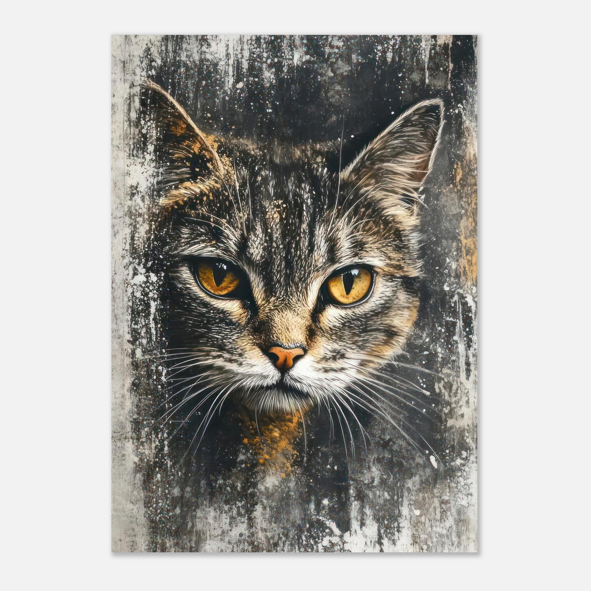 Elegant cat painting poster featuring a feline portrait with golden eyes and textured background.