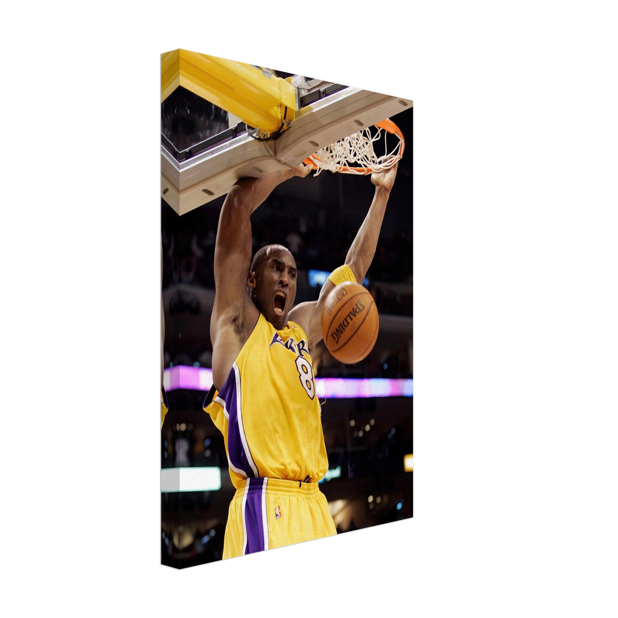 Kobe Bryant performing a powerful slam dunk in a Lakers jersey, captured in high-quality canvas print.