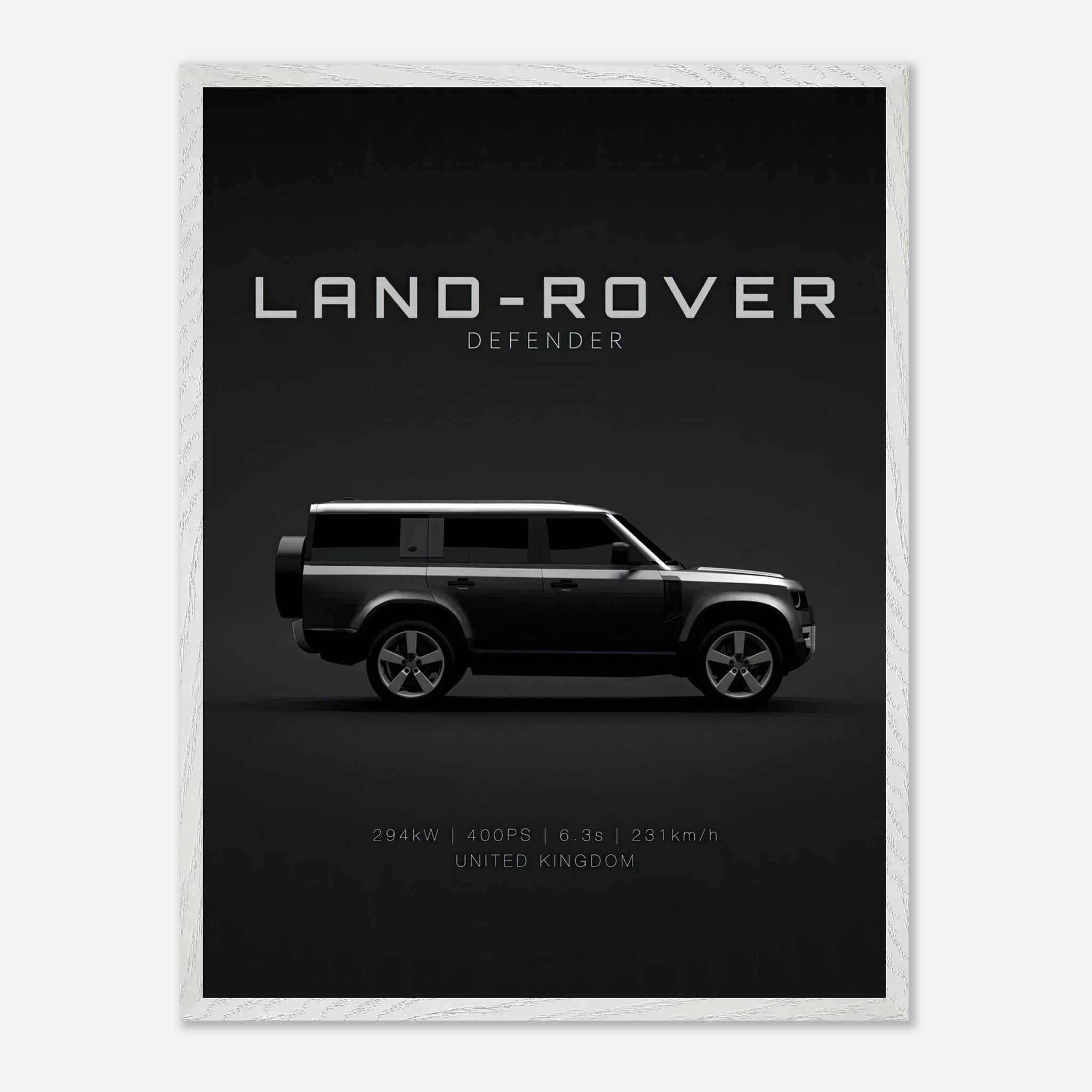 Land Rover Defender vintage framed art featuring the iconic vehicle silhouette on a dramatic black background.
