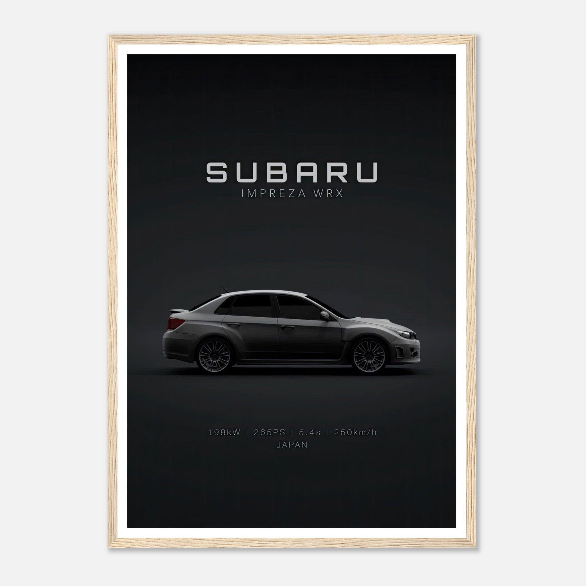 Subaru WRX framed poster showcasing its sleek design and performance specifications on a dark background.