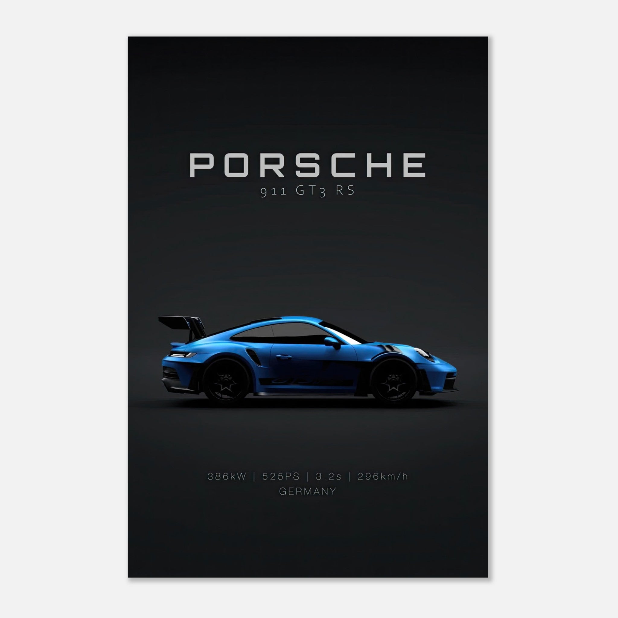Porsche 911 GT3 RS metal print featuring a blue sports car silhouette on a minimalistic dark background.
