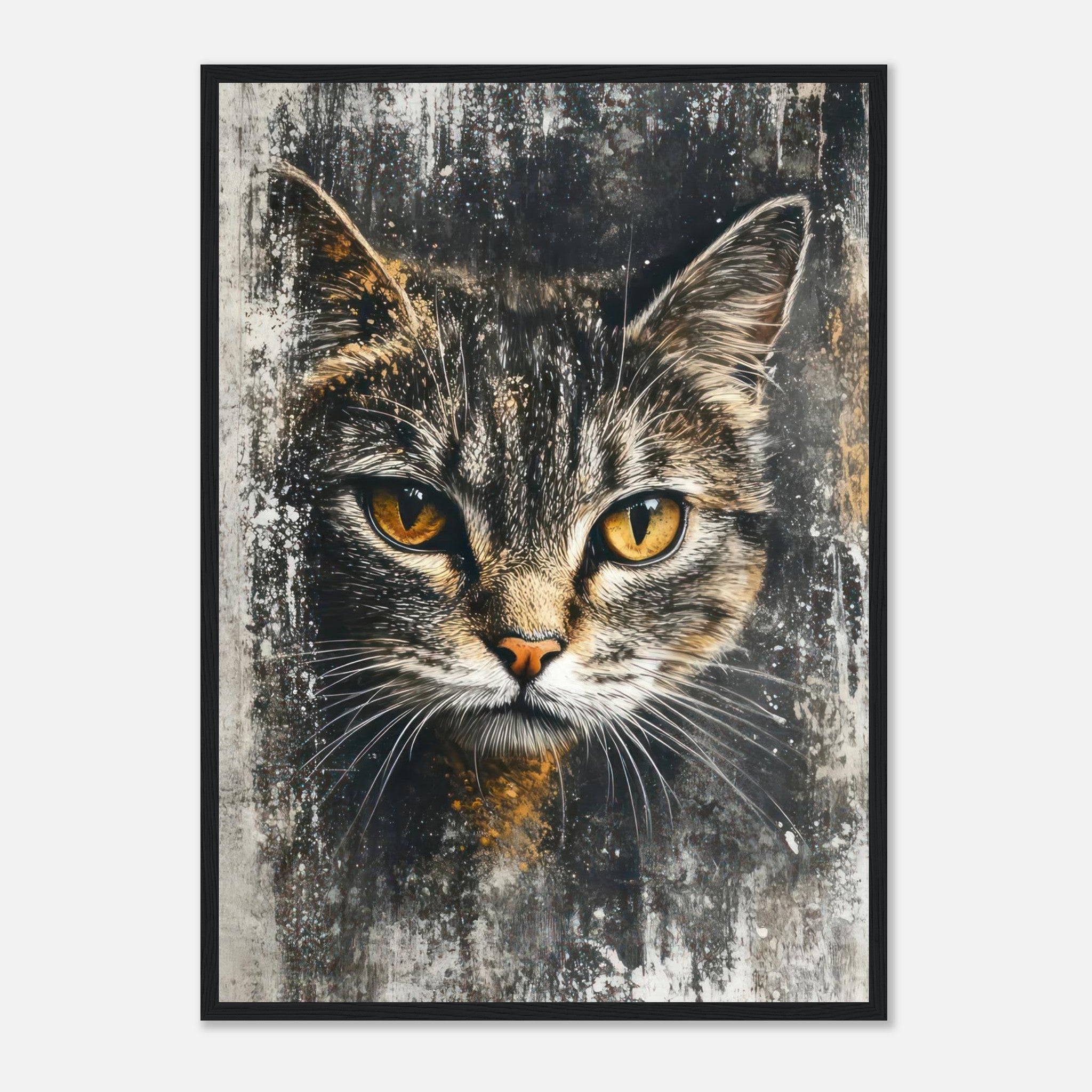 Framed print of a close-up cat painting featuring piercing golden eyes and a textured background.