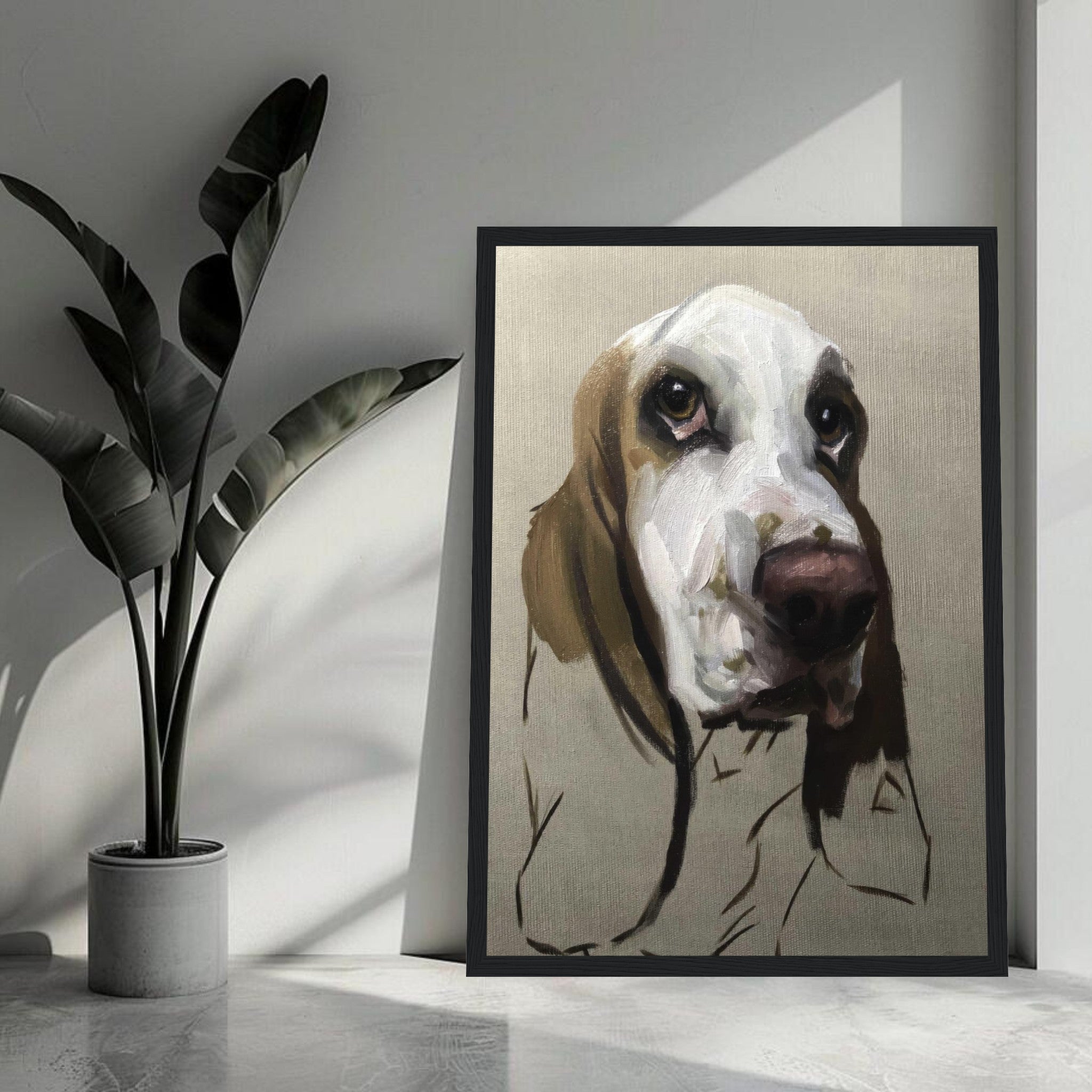 Basset Hound dog painting in a stylish frame, showcasing expressive features and earthy tones, ideal for dog lovers.