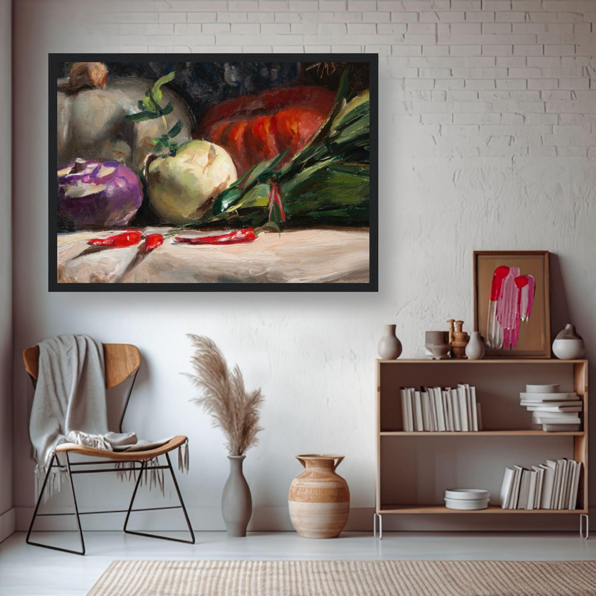 Framed print of kohlrabi, pumpkins, and chilis in vibrant colors, perfect for kitchen décor.