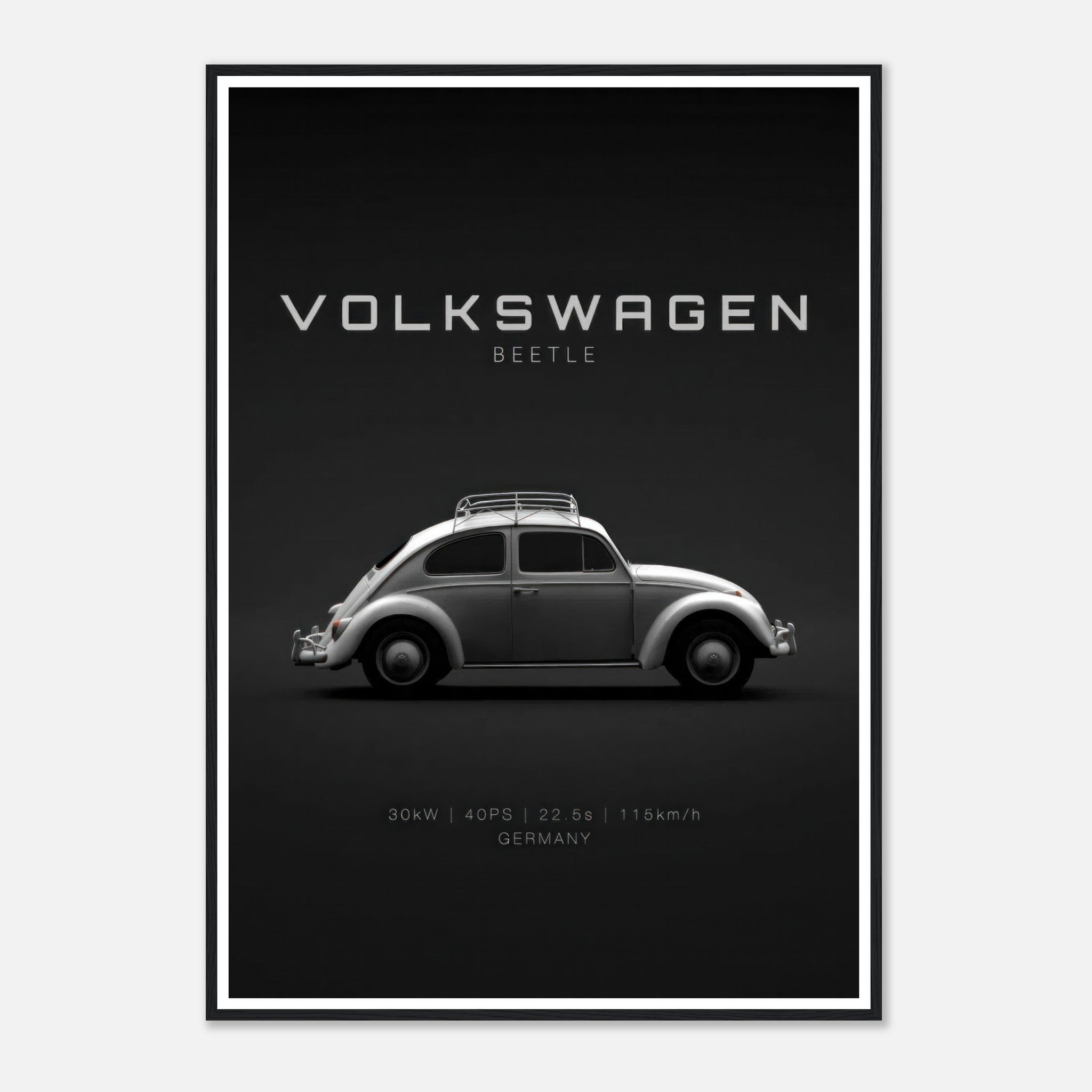 Volkswagen Beetle framed poster featuring a sleek side profile on a minimalist black background.