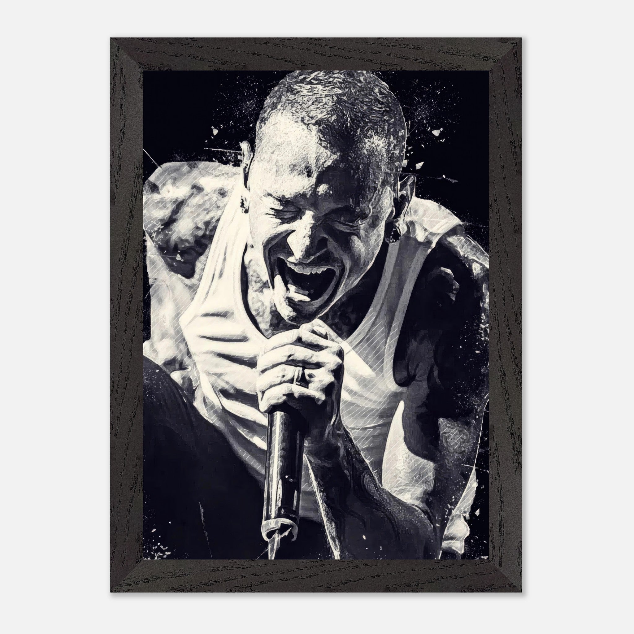 Chester Bennington vintage framed print showcasing intense performance by the Linkin Park frontman.