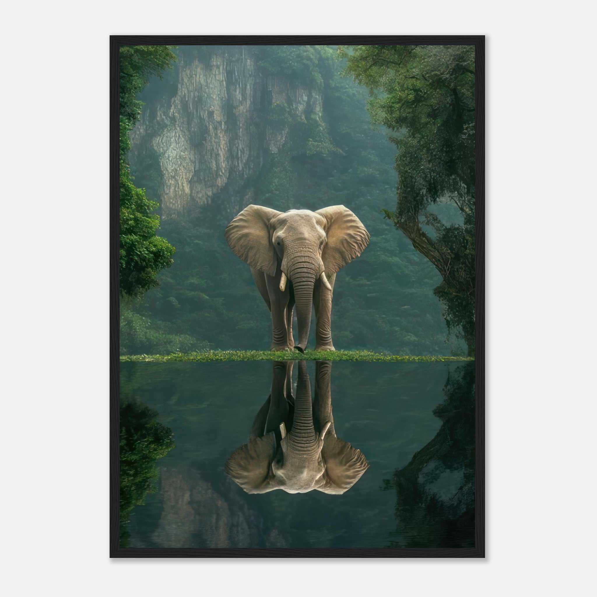 Jungle elephant portrait framed print showcasing a majestic elephant in lush greenery reflected in water.