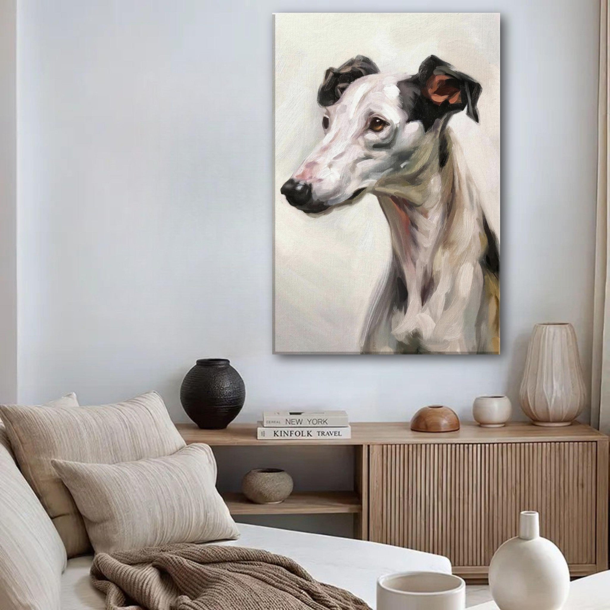 Greyhound dog painting canvas print displayed in a stylish living room, showcasing the dog's elegant portrait.