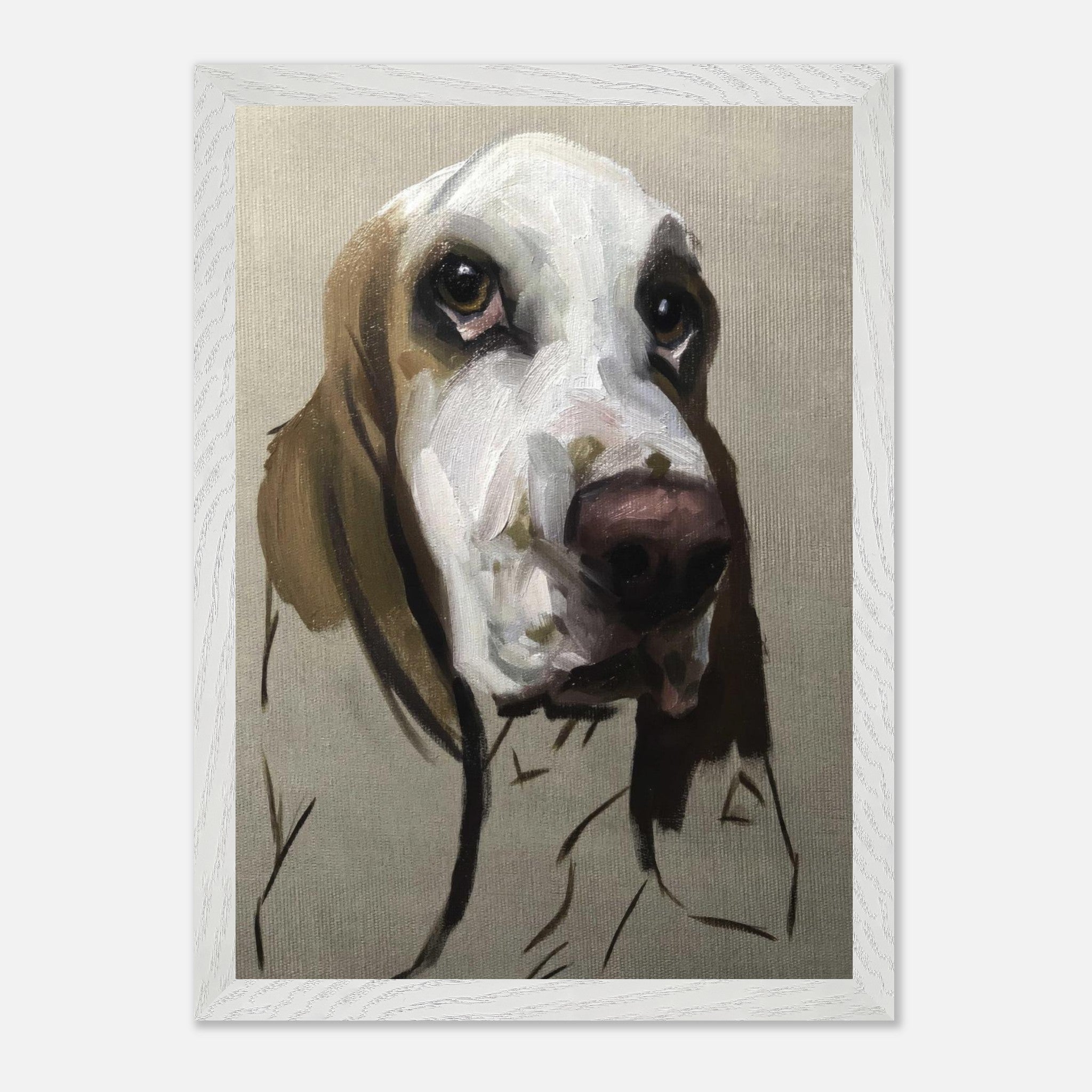 Basset Hound dog painting in vintage frame, showcasing soulful gaze and expressive brushstrokes.