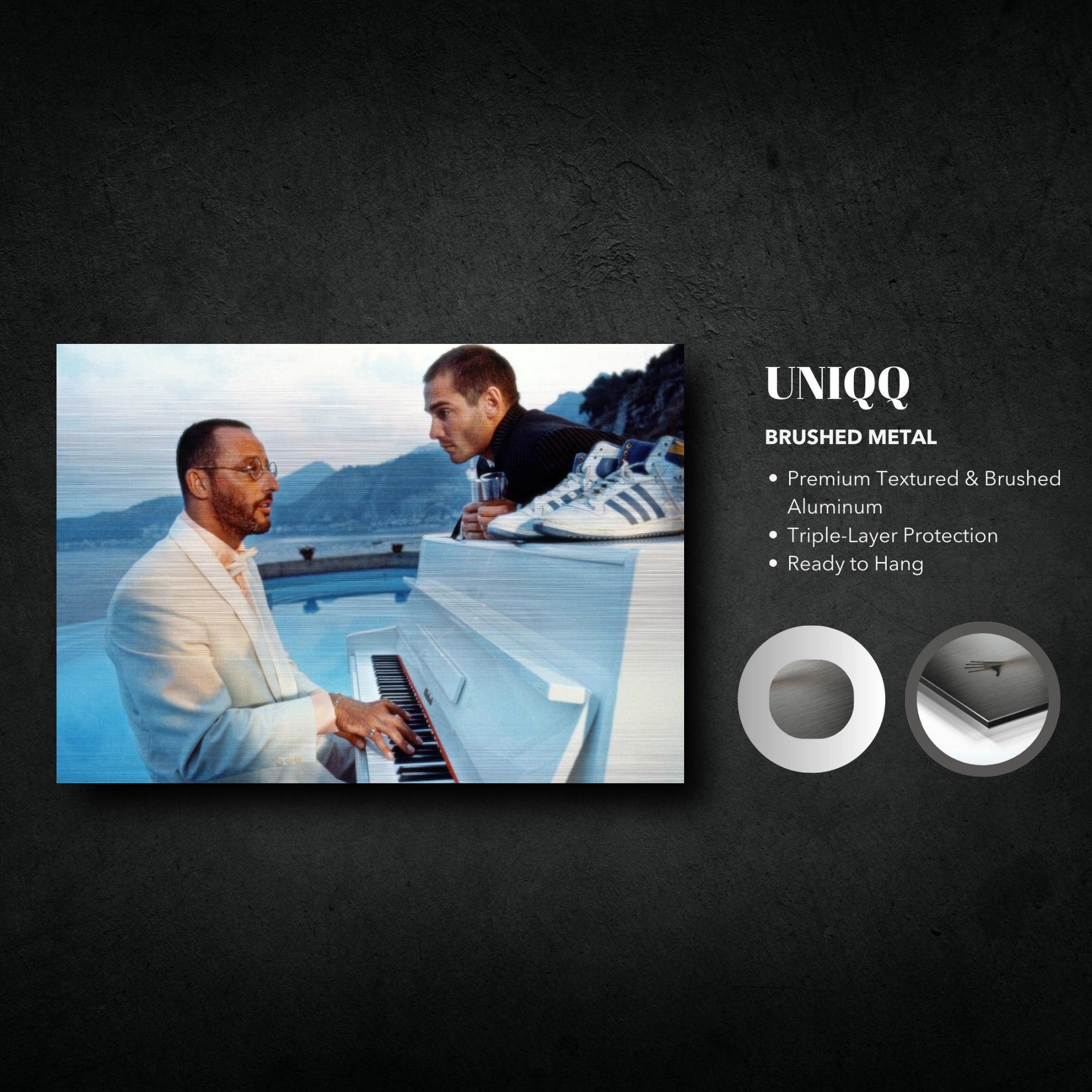 Jean Reno Piano artwork in brushed metal, featuring iconic scene with a stylish design, perfect for movie and music lovers.